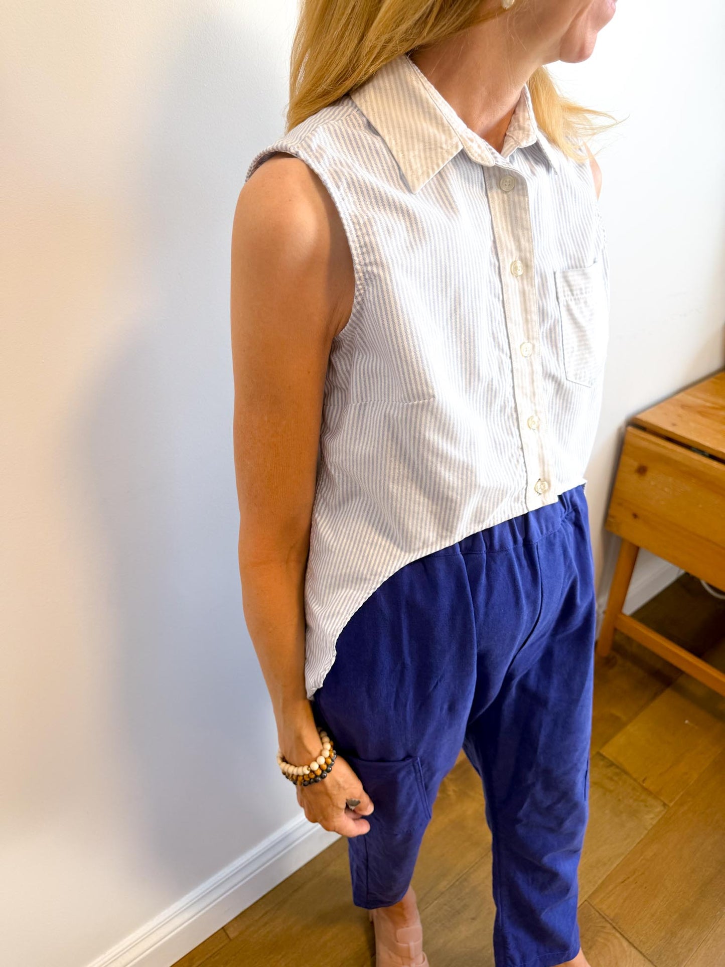 Jonathan Simkhai High Low Sleeveless Pinstripe Button Down (Size S)