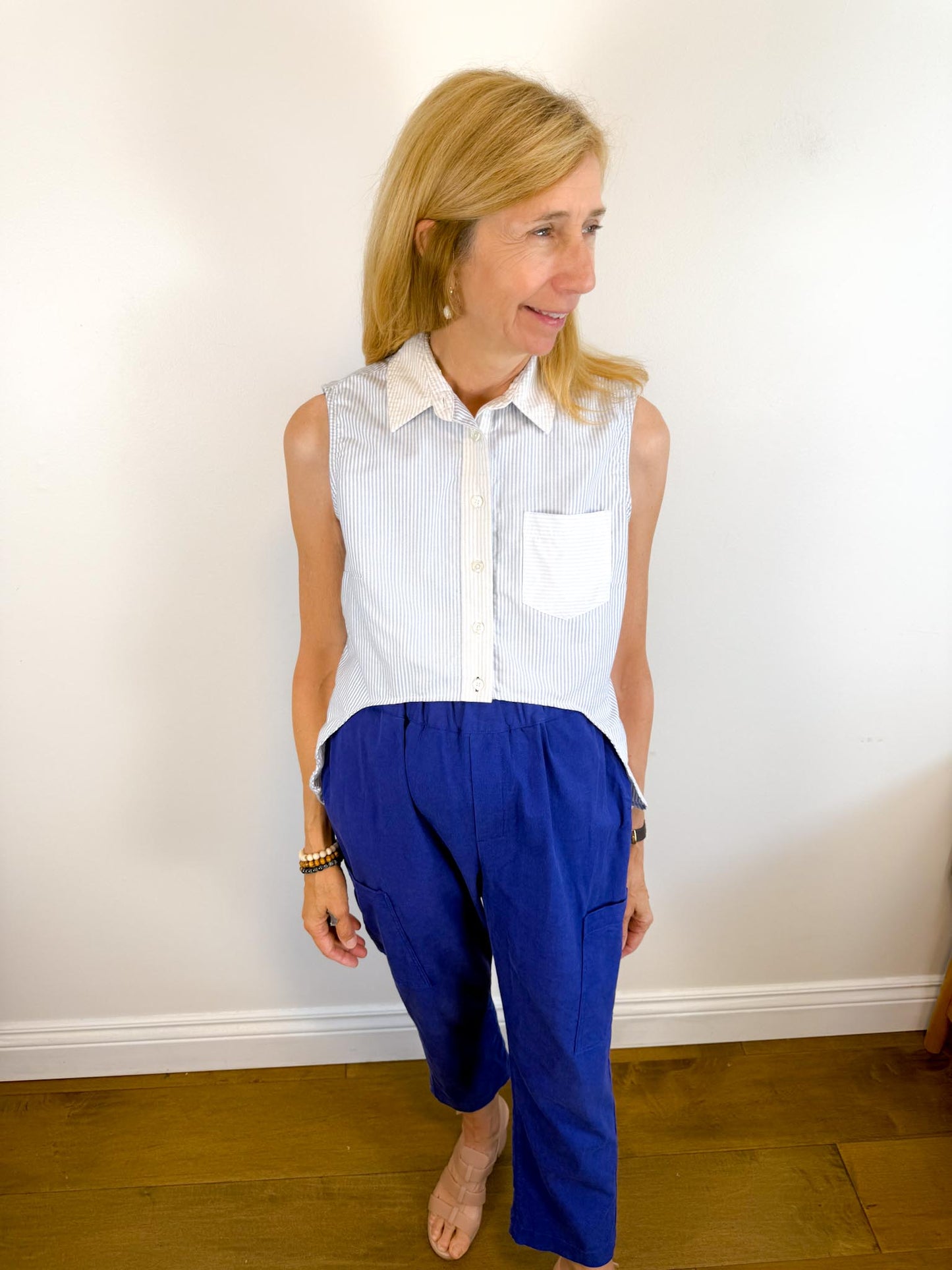 Jonathan Simkhai High Low Sleeveless Pinstripe Button Down (Size S)