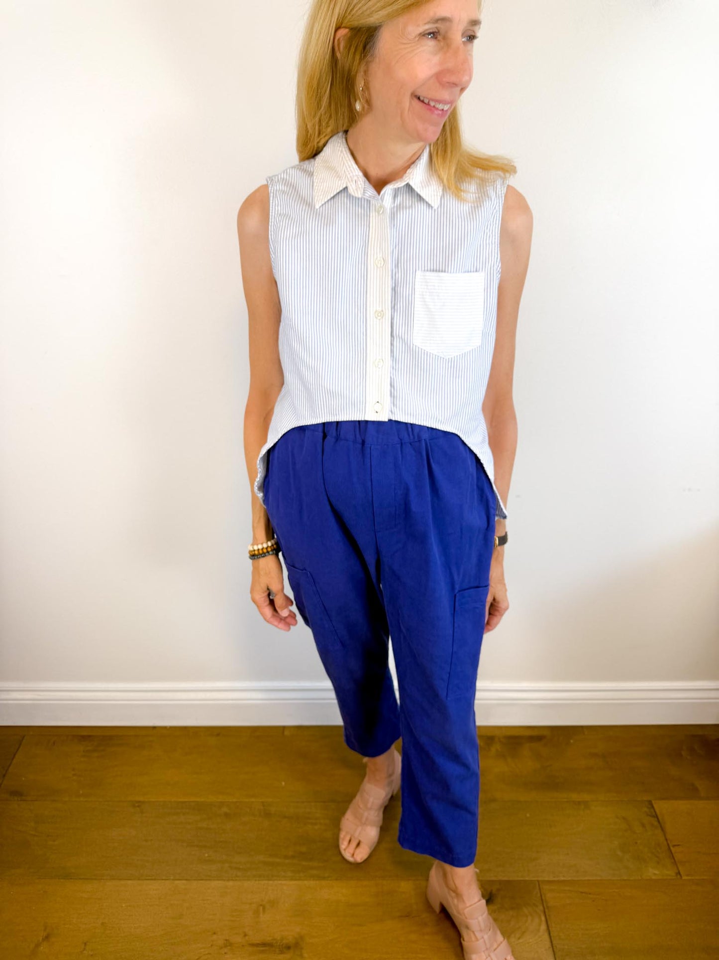 Jonathan Simkhai High Low Sleeveless Pinstripe Button Down (Size S)