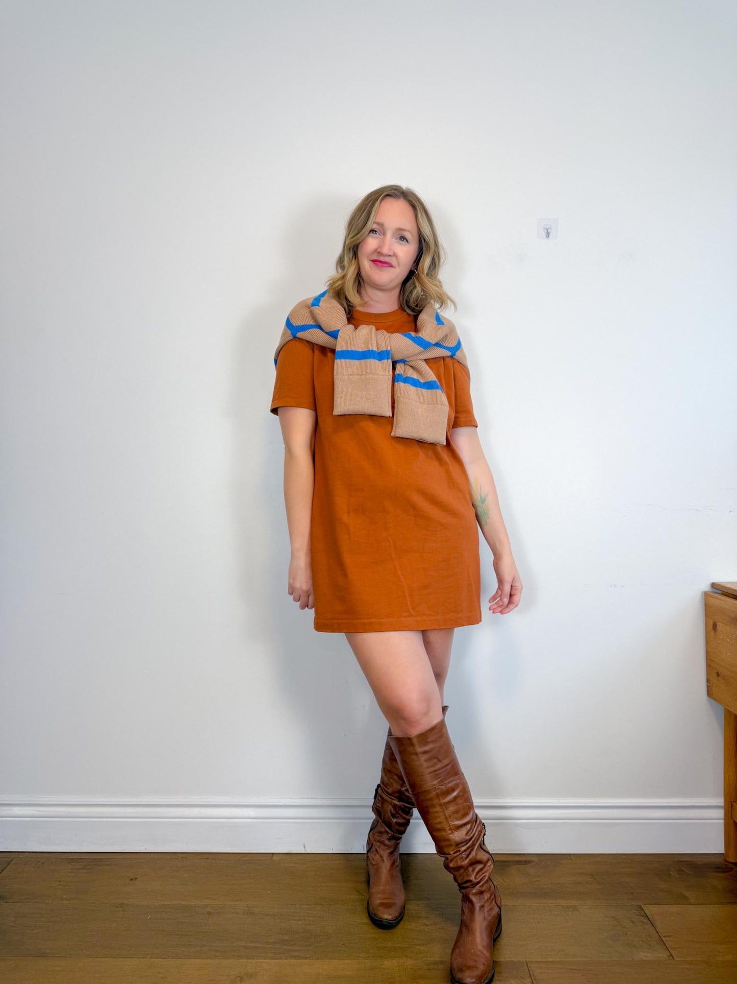 Everlane "The Lace-Up Smock Sweater in Blue/Brown Stripe" (Size M)