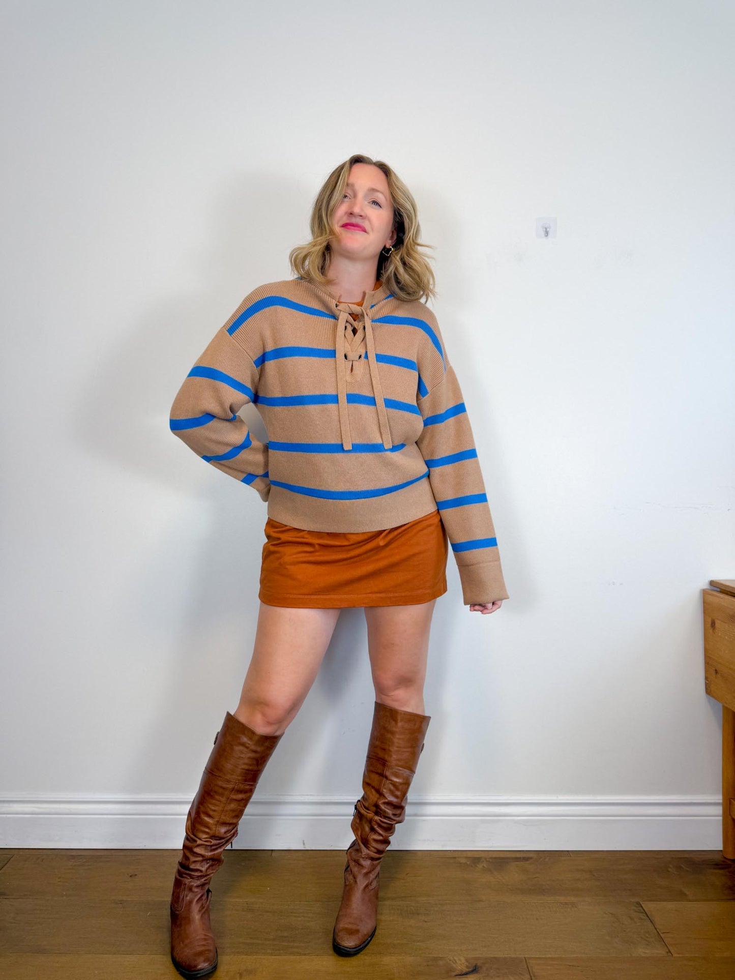 Everlane "The Lace-Up Smock Sweater in Blue/Brown Stripe" (Size M)