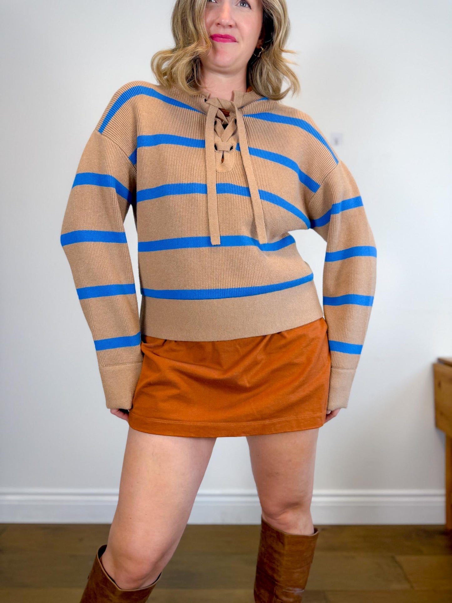 Everlane "The Lace-Up Smock Sweater in Blue/Brown Stripe" (Size M)