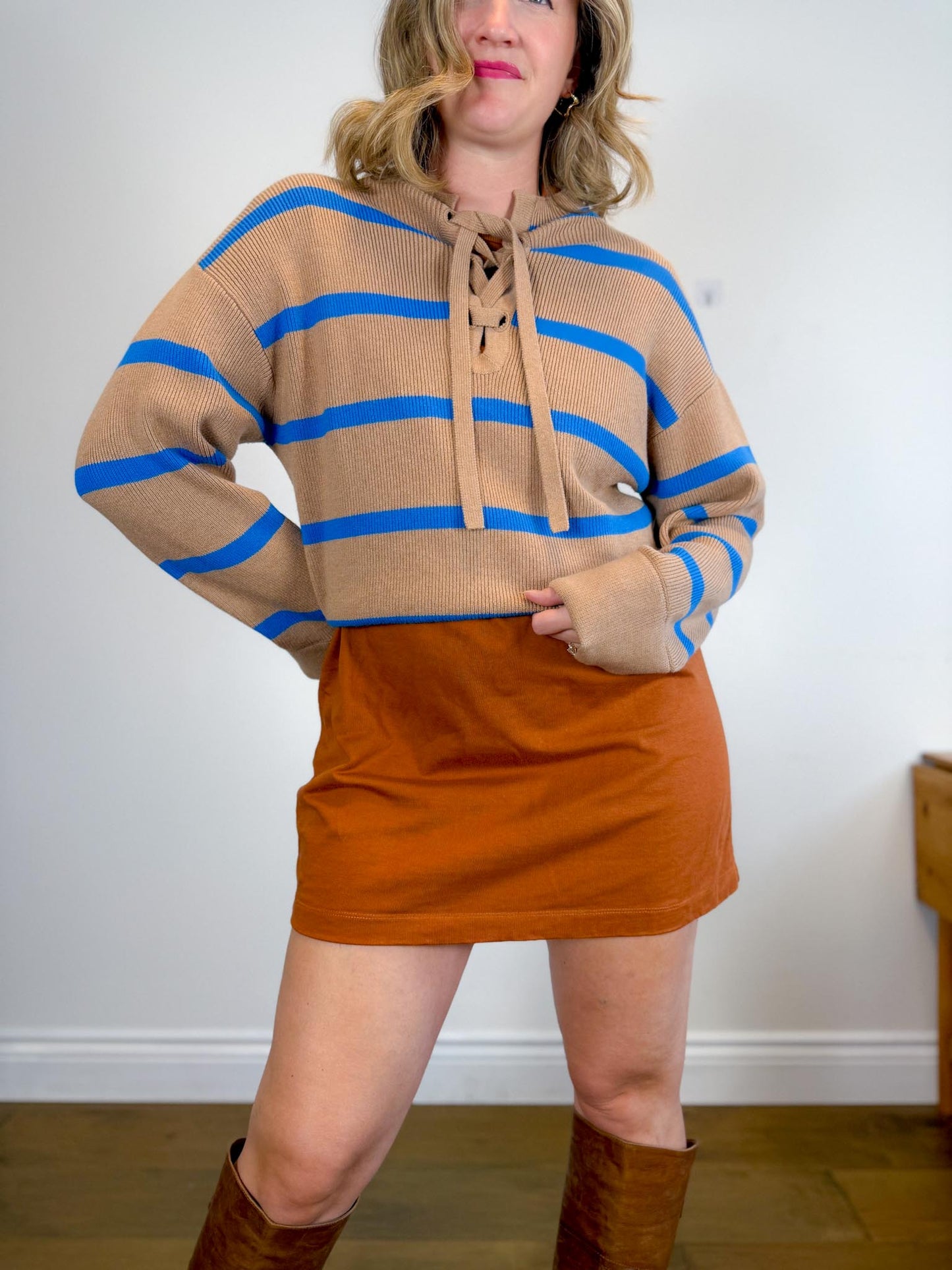 Everlane "The Lace-Up Smock Sweater in Blue/Brown Stripe" (Size M)
