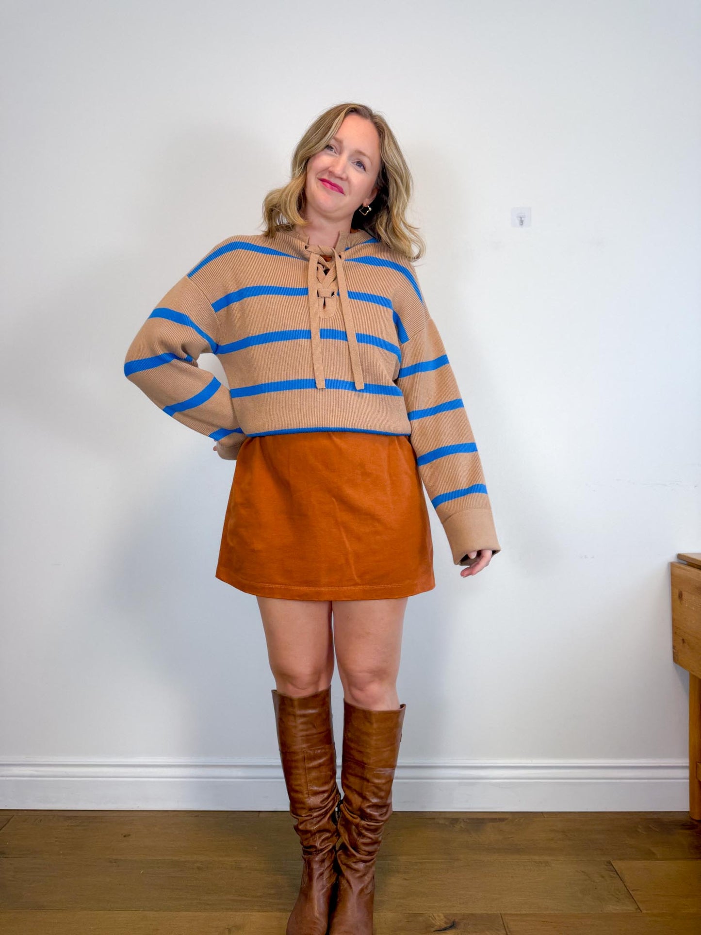 Everlane "The Lace-Up Smock Sweater in Blue/Brown Stripe" (Size M)