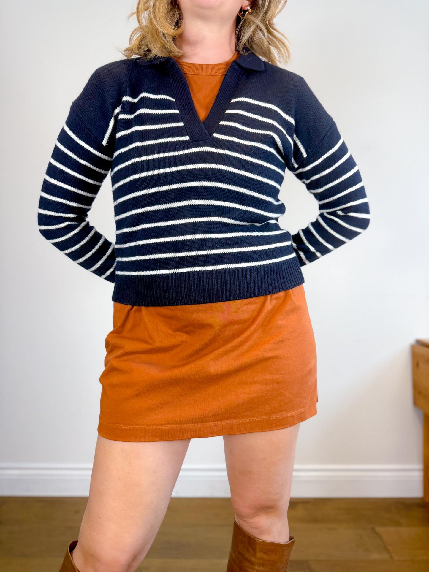 Wilfred "Clara Merino Wool Sweater in Navy/White Stripe" (Size XS/S)
