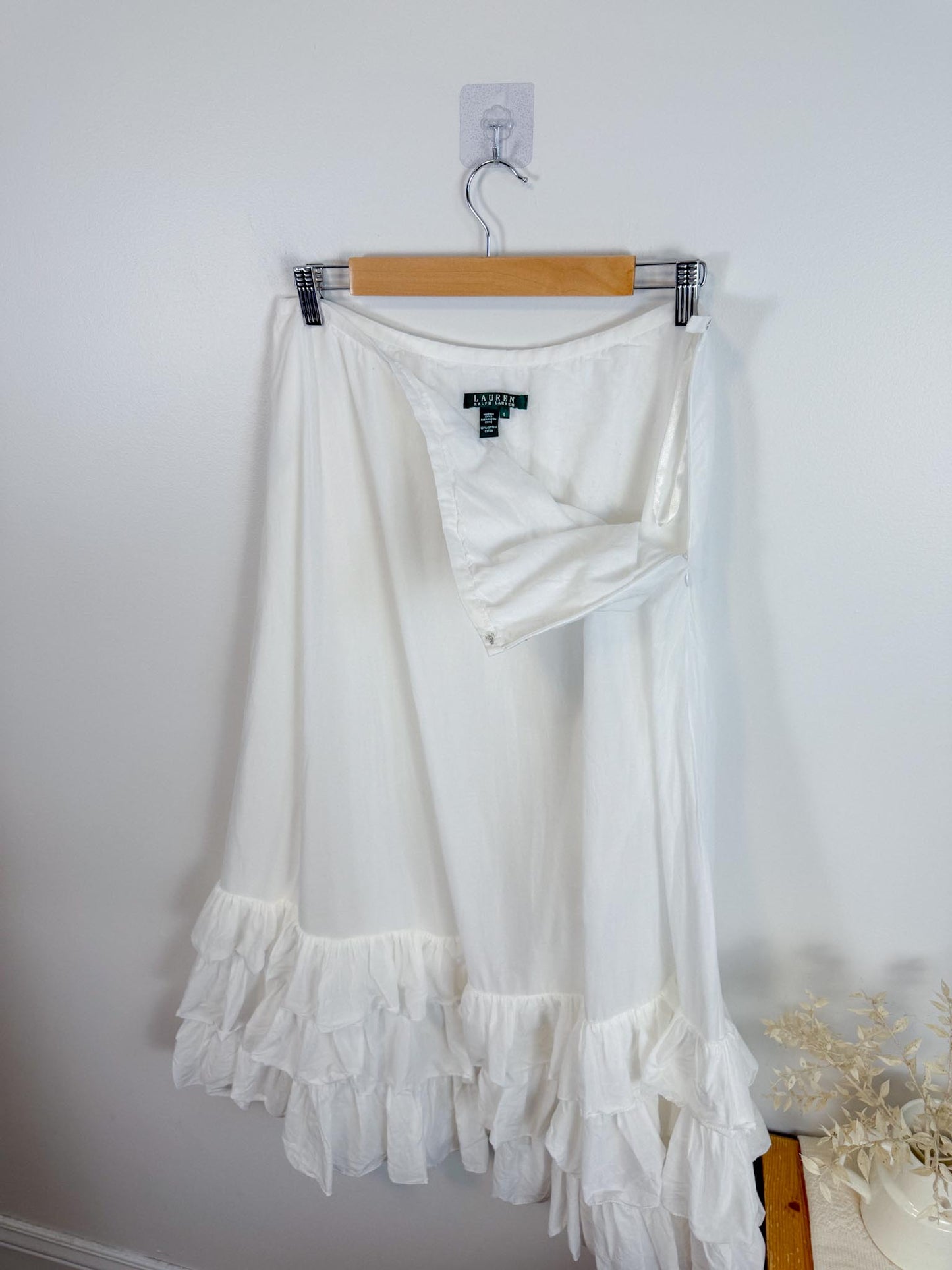 Ralph Lauren White Midi Skirt with Tiered Ruffle (Size M/L)