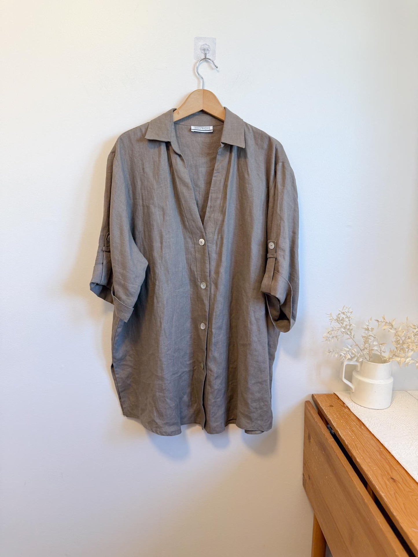 Vintage Oversized Linen Blouse in Grey Brown (Size XL)