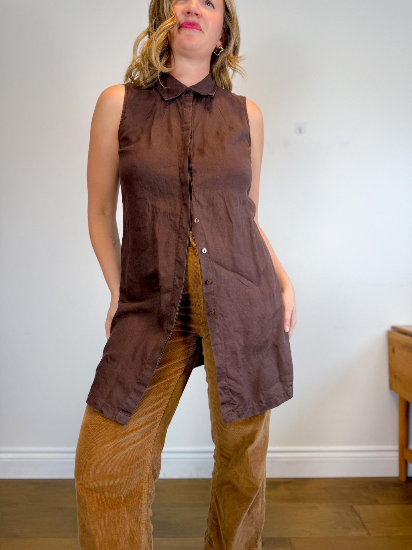 Vintage Linen Sleeveless Dress in Brown (Size M/L)