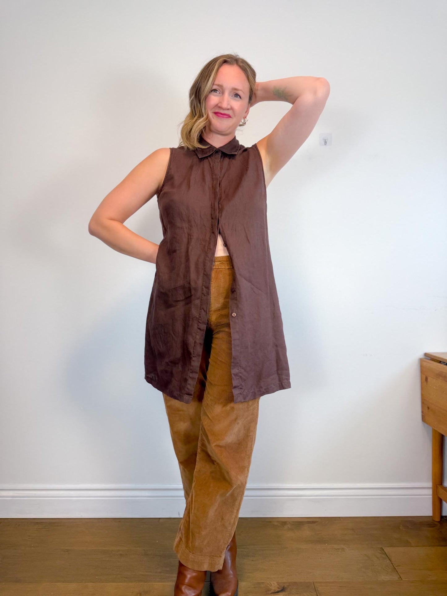 Vintage Linen Sleeveless Dress in Brown (Size M/L)