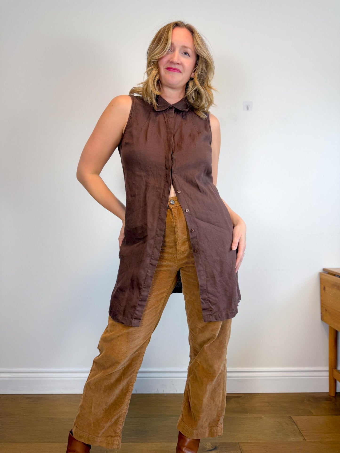Vintage Linen Sleeveless Dress in Brown (Size M/L)