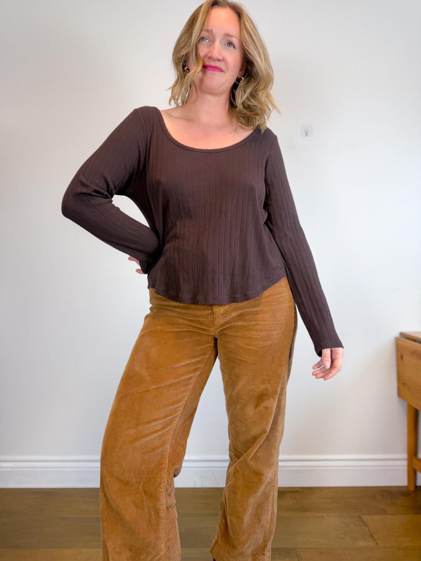 Madewell "Pointelle Long-Sleeve Scoopneck Tee in Brown" (Size 2XL)