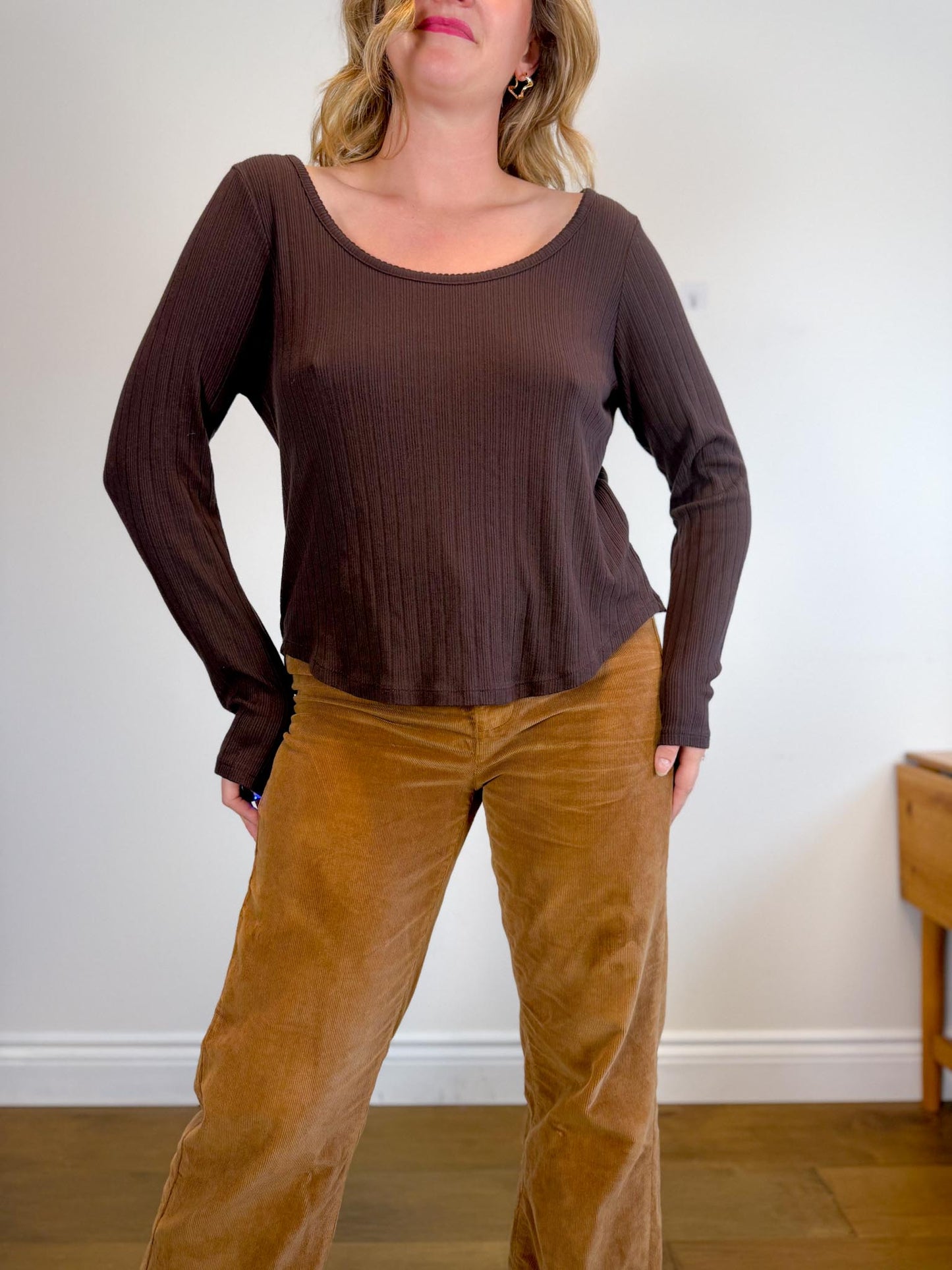 Madewell "Pointelle Long-Sleeve Scoopneck Tee in Brown" (Size 2XL)
