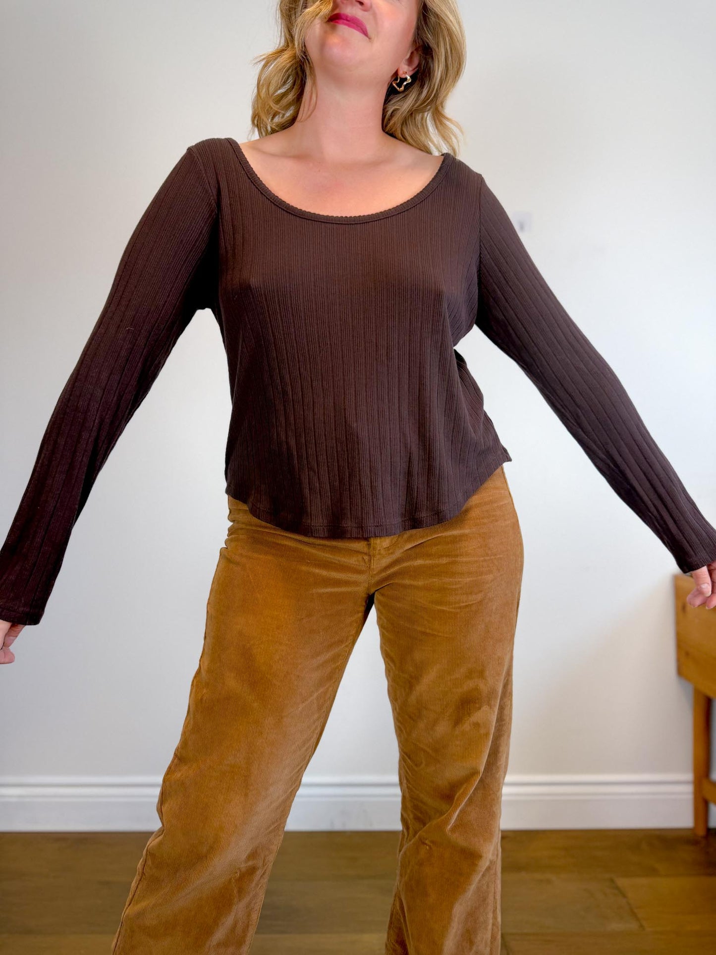 Madewell "Pointelle Long-Sleeve Scoopneck Tee in Brown" (Size 2XL)