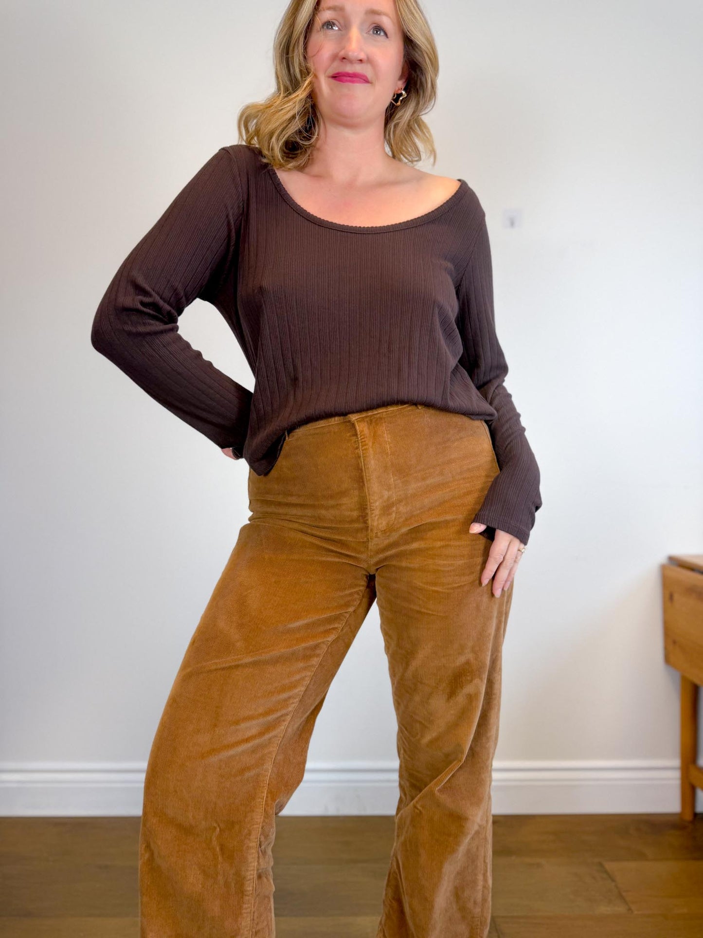 Madewell "Pointelle Long-Sleeve Scoopneck Tee in Brown" (Size 2XL)