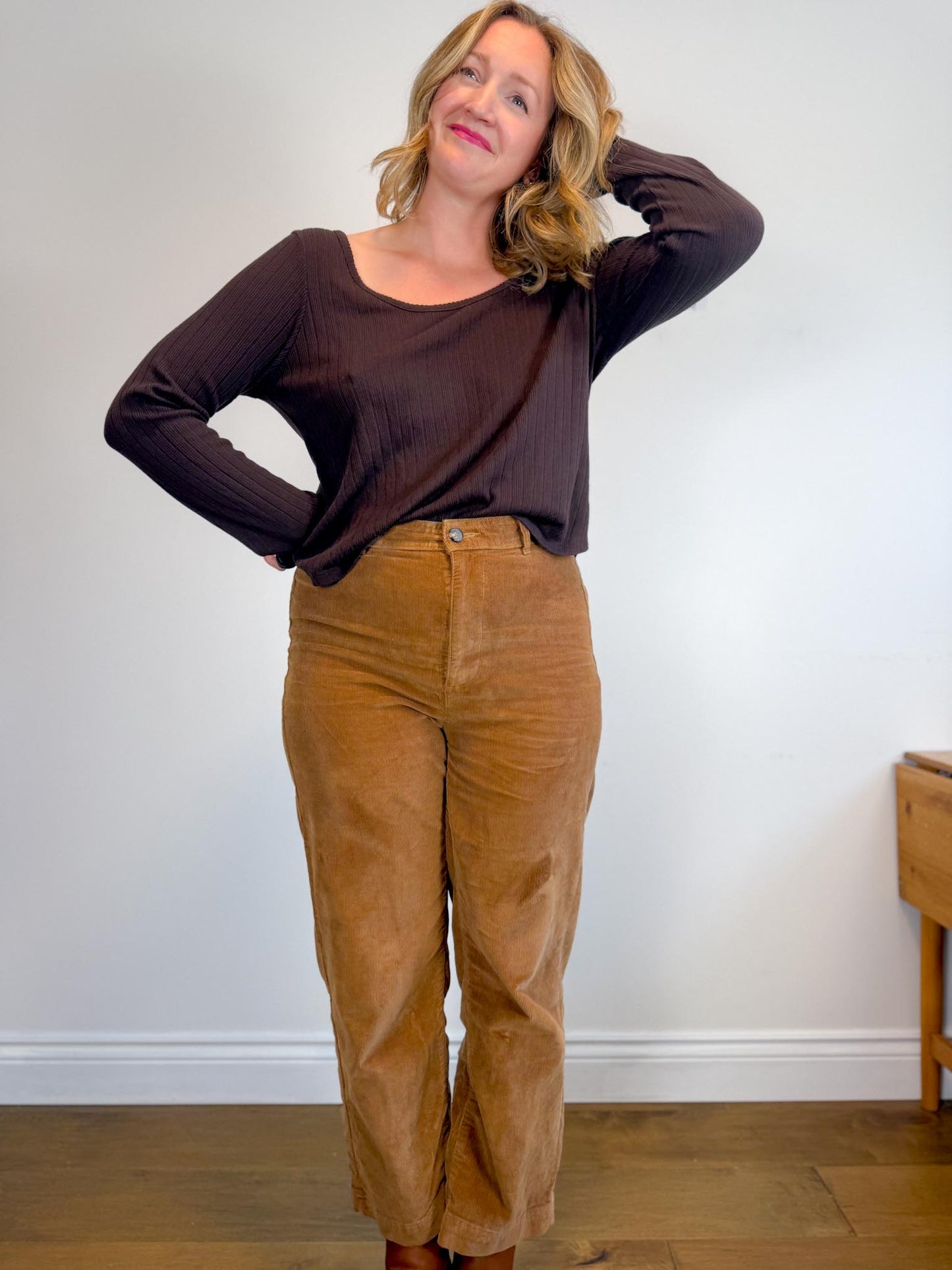 Madewell "Pointelle Long-Sleeve Scoopneck Tee in Brown" (Size 2XL)
