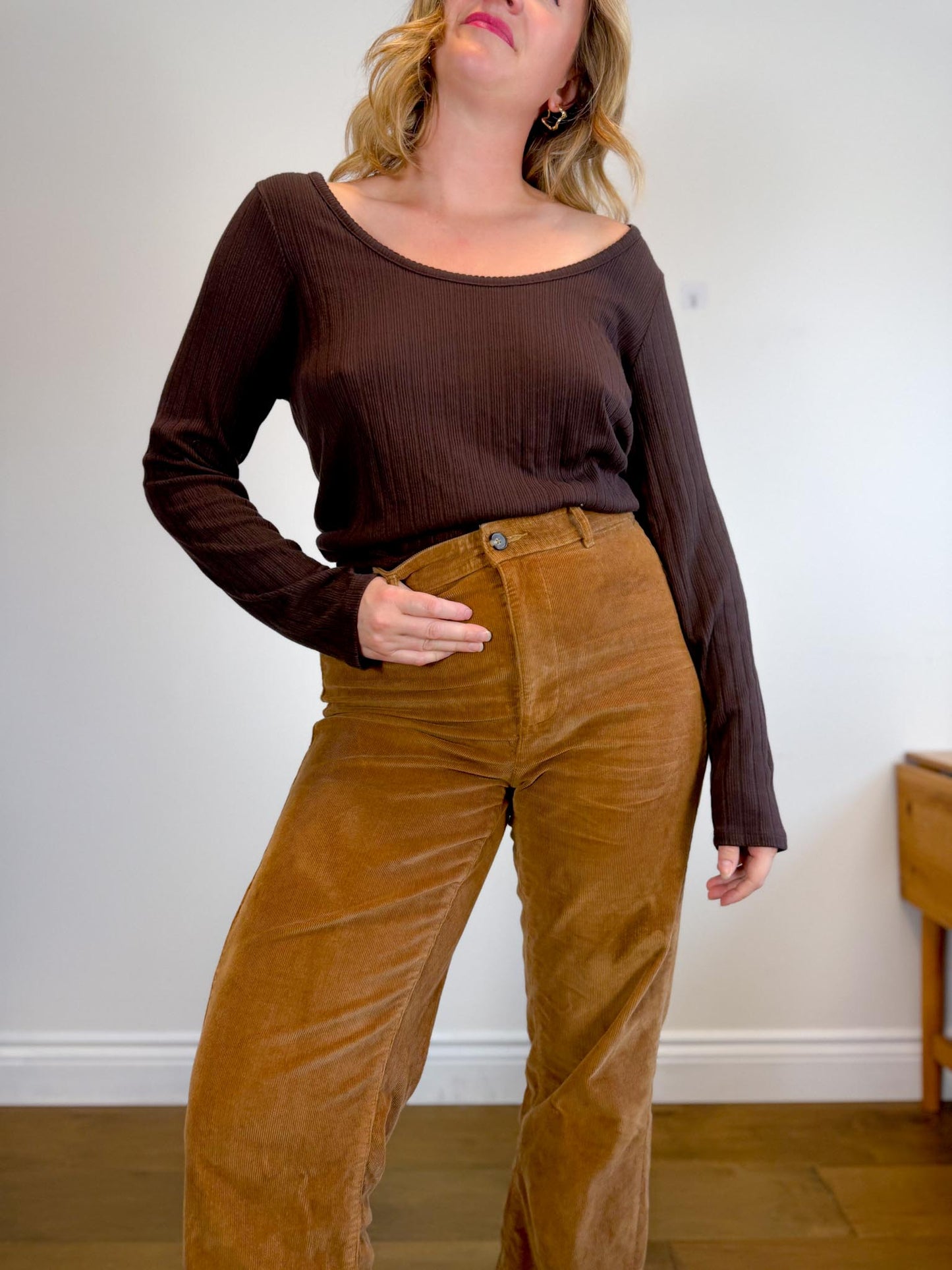 Madewell "Pointelle Long-Sleeve Scoopneck Tee in Brown" (Size 2XL)