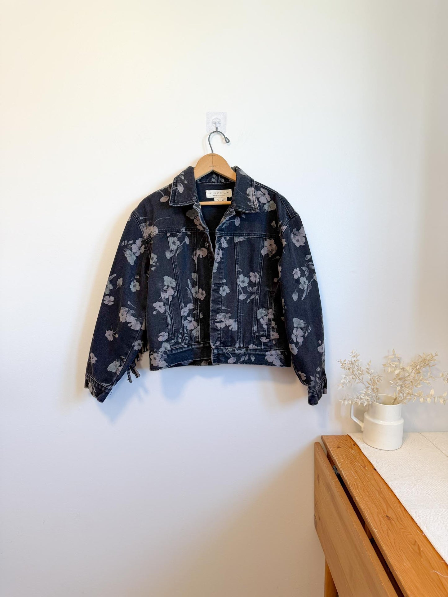 Saltwater Luxe Floral Denim Jacket with Tassels (Size S/M)