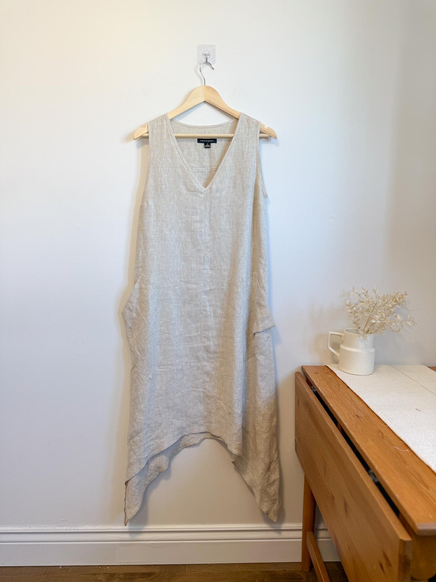 Periphery Canadian Linen Assymetrical Midi Dress in Oatmeal (Size S/M)