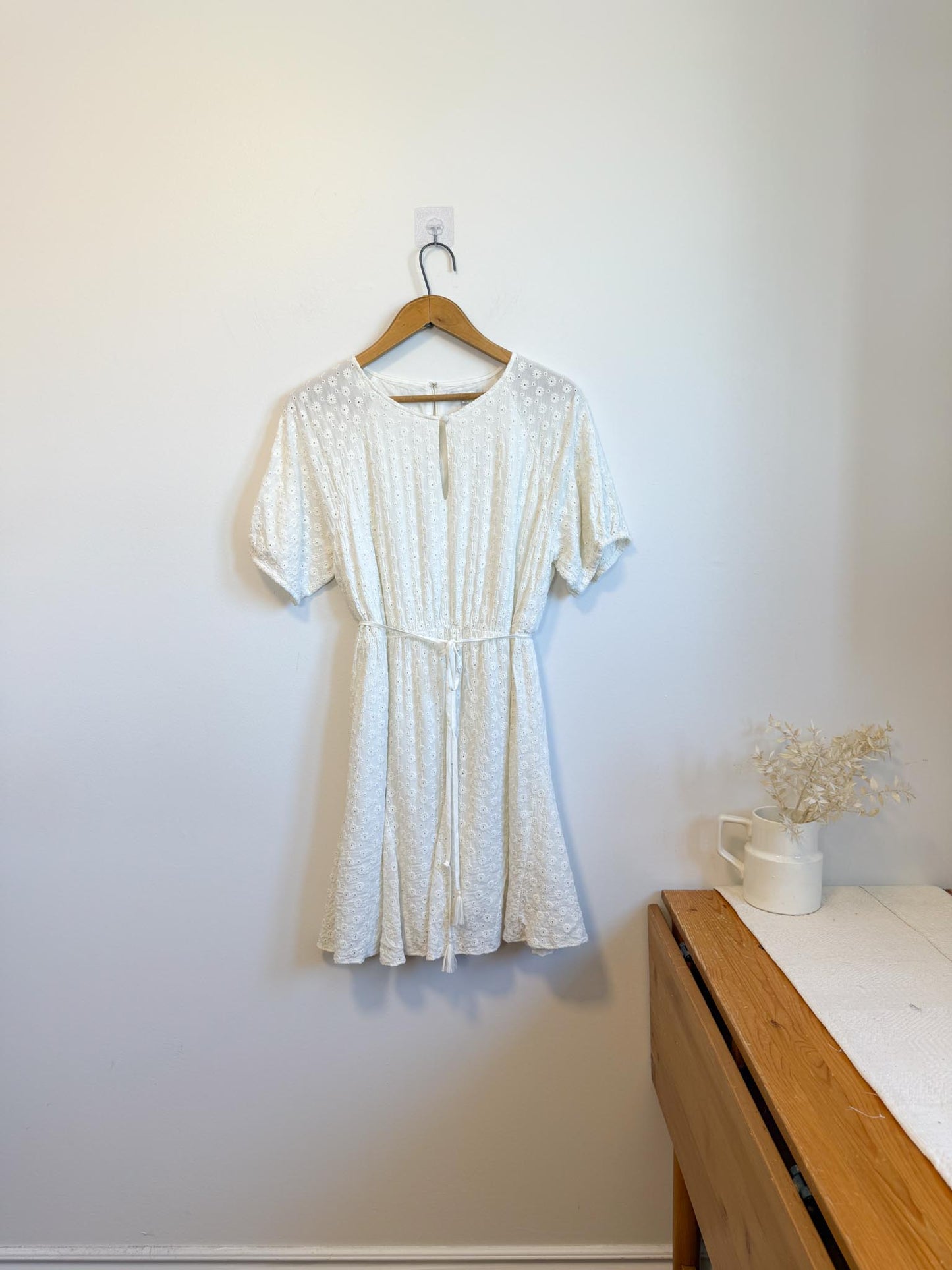 Madewell "Eyelet Tassel-Tie Mini Dress in Ivory" (Size 12)