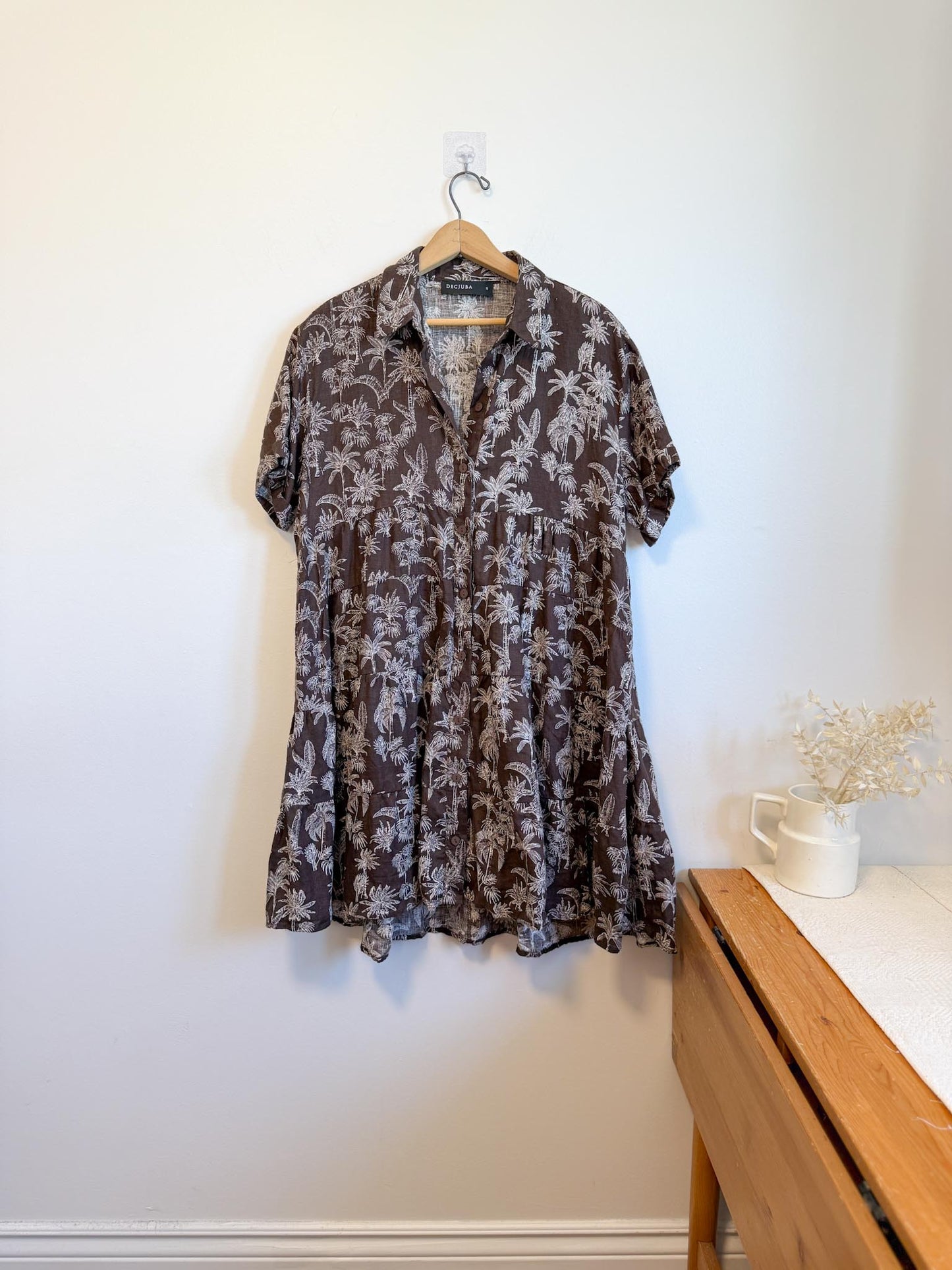 DECJUBA Babydoll Linen Mini Dress in Brown/White Print (Size S-L)