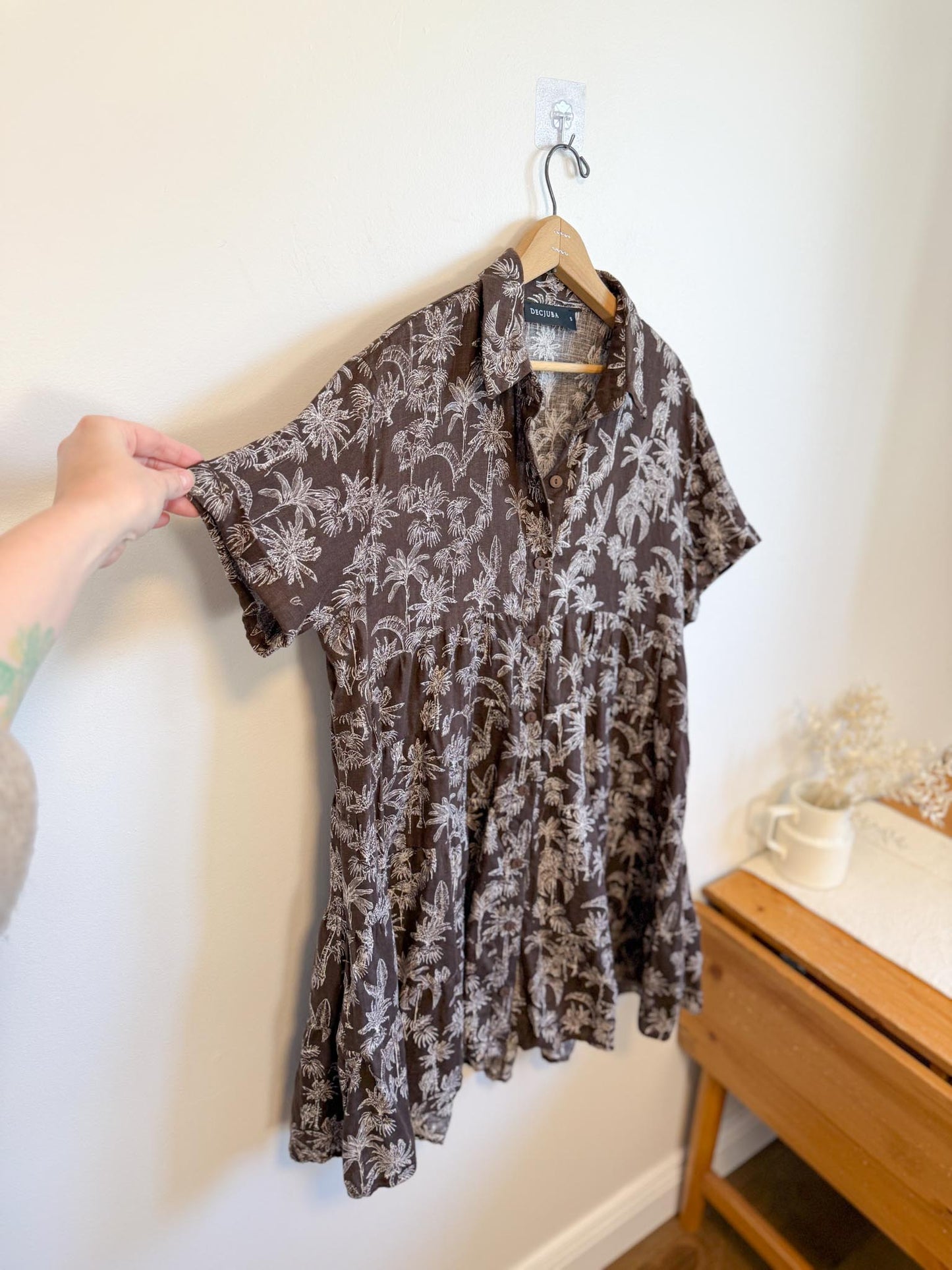 DECJUBA Babydoll Linen Mini Dress in Brown/White Print (Size S-L)