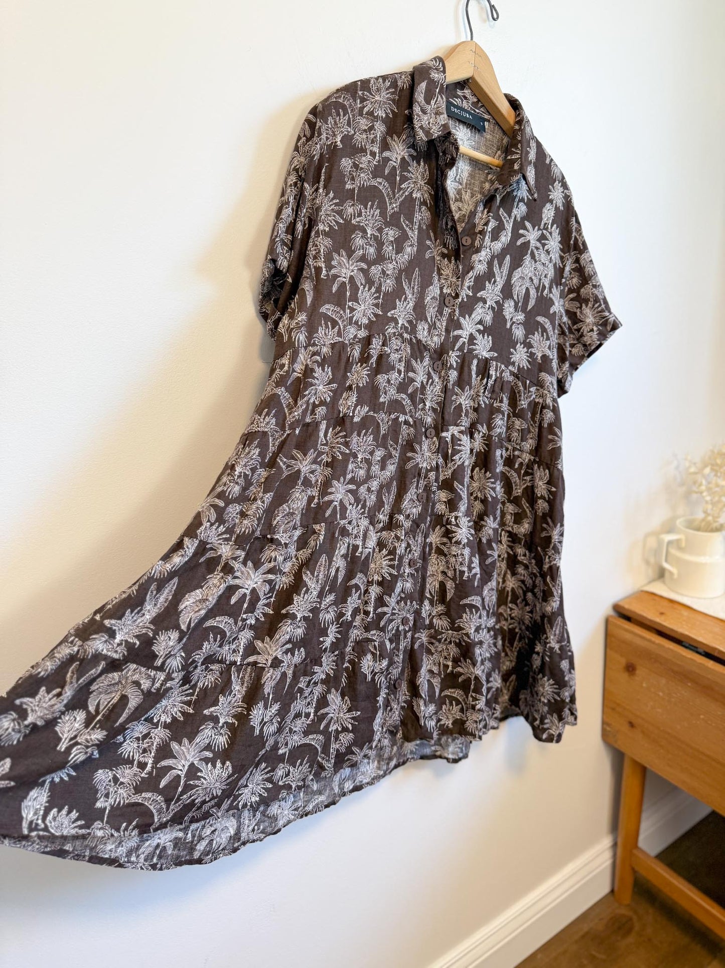 DECJUBA Babydoll Linen Mini Dress in Brown/White Print (Size S-L)