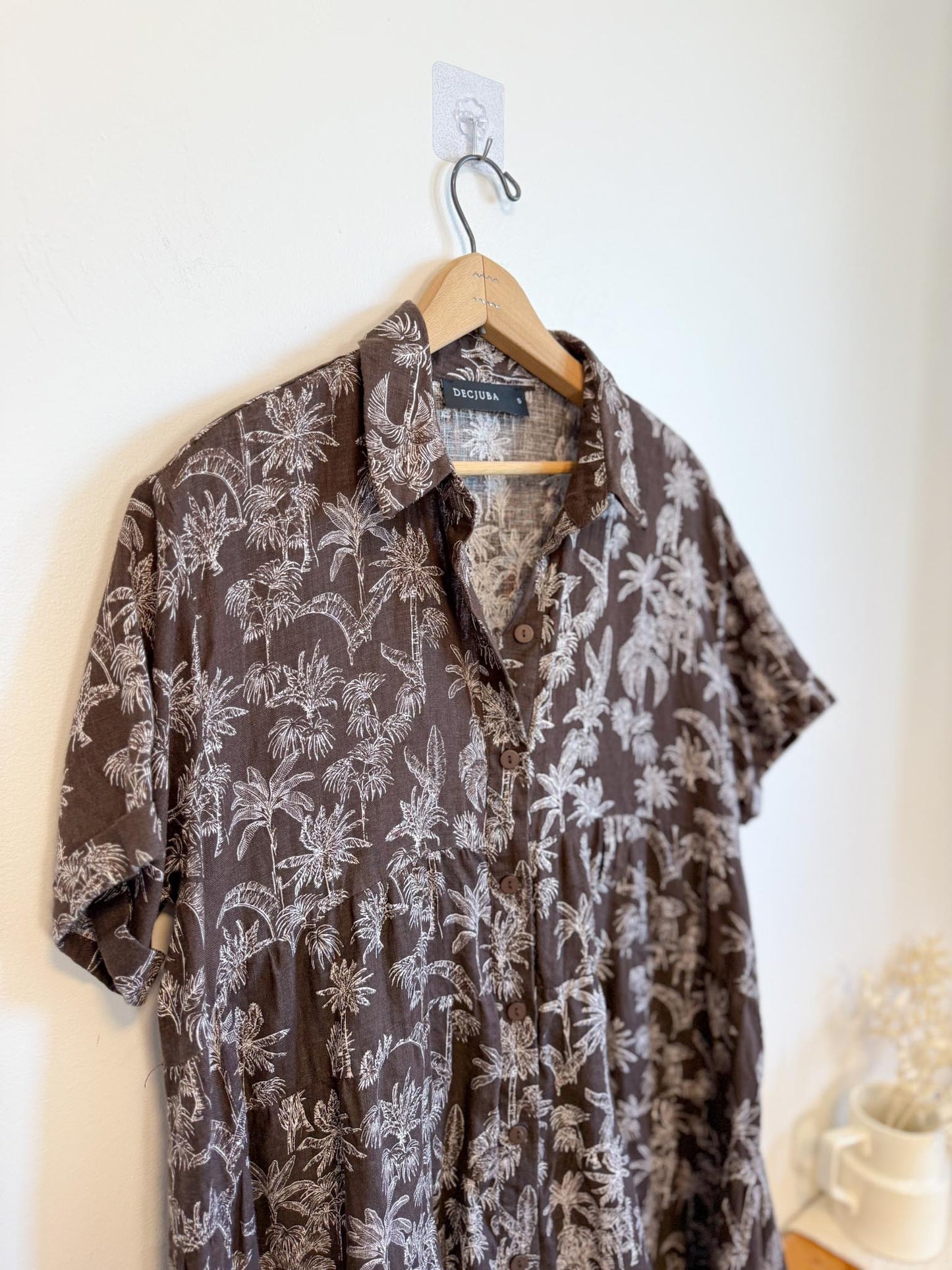 DECJUBA Babydoll Linen Mini Dress in Brown/White Print (Size S-L)
