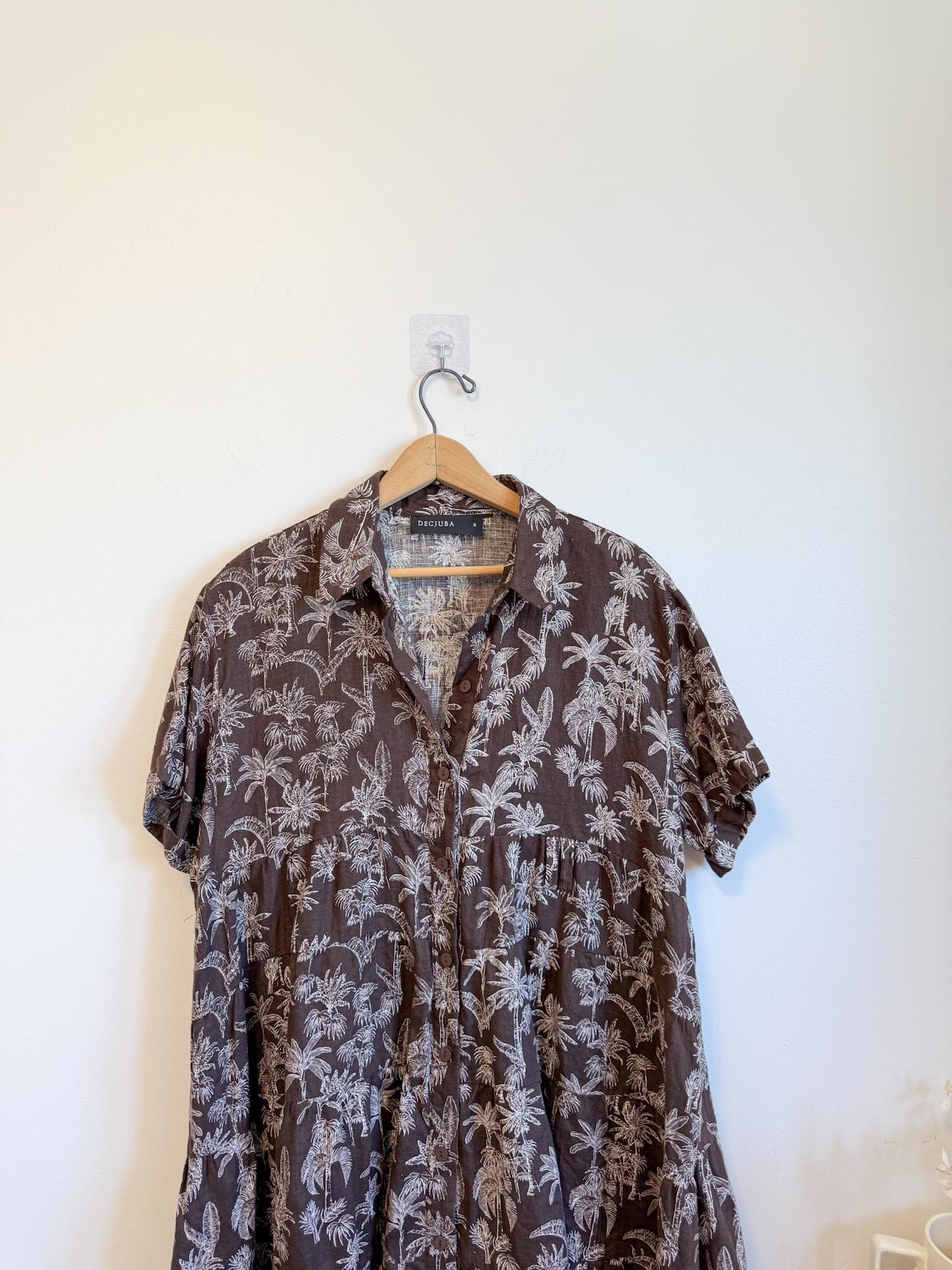 DECJUBA Babydoll Linen Mini Dress in Brown/White Print (Size S-L)