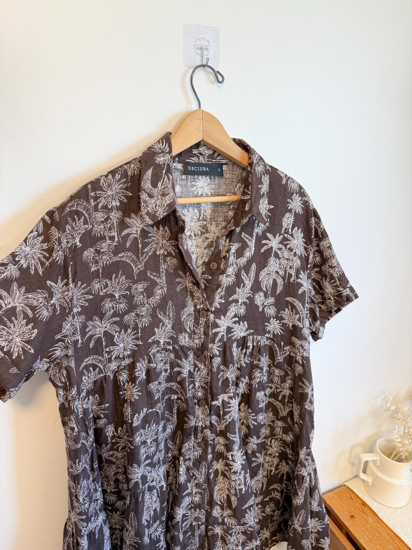 DECJUBA Babydoll Linen Mini Dress in Brown/White Print (Size S-L)