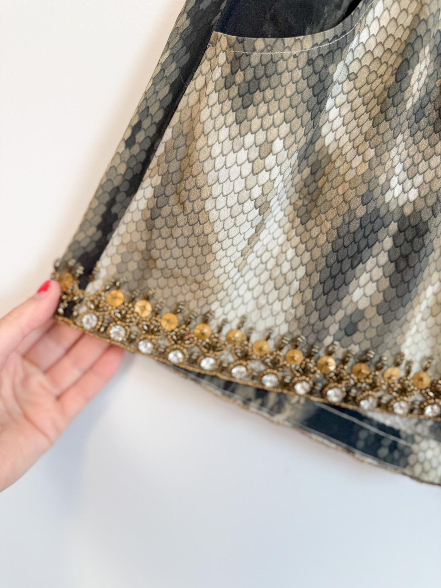 TAJ by Sabrina Sustainable "Snake Print Sequin Shorts" (Size S)