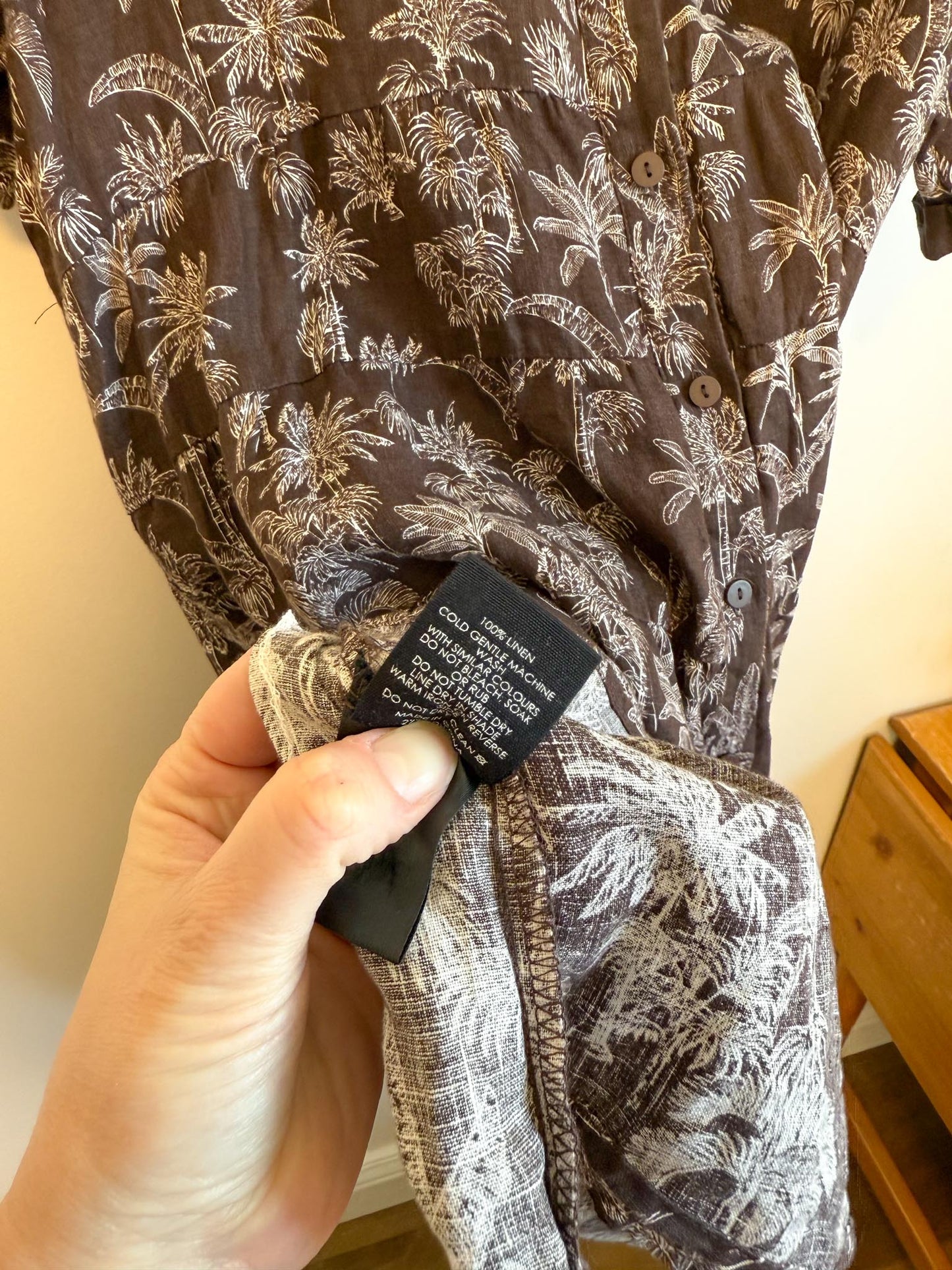 DECJUBA Babydoll Linen Mini Dress in Brown/White Print (Size S-L)