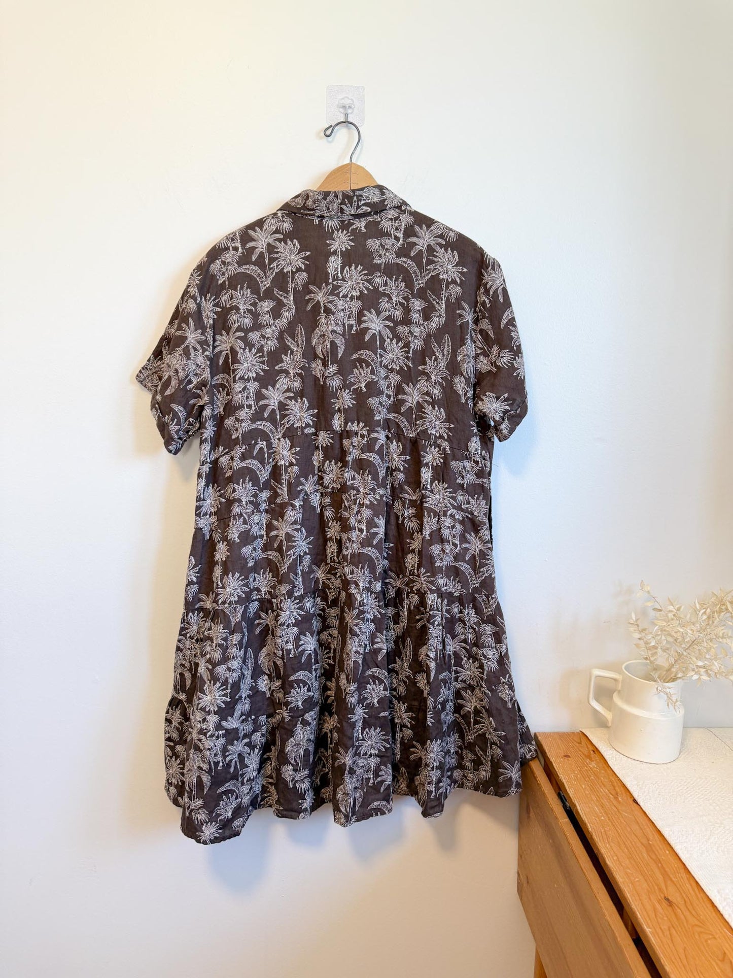 DECJUBA Babydoll Linen Mini Dress in Brown/White Print (Size S-L)