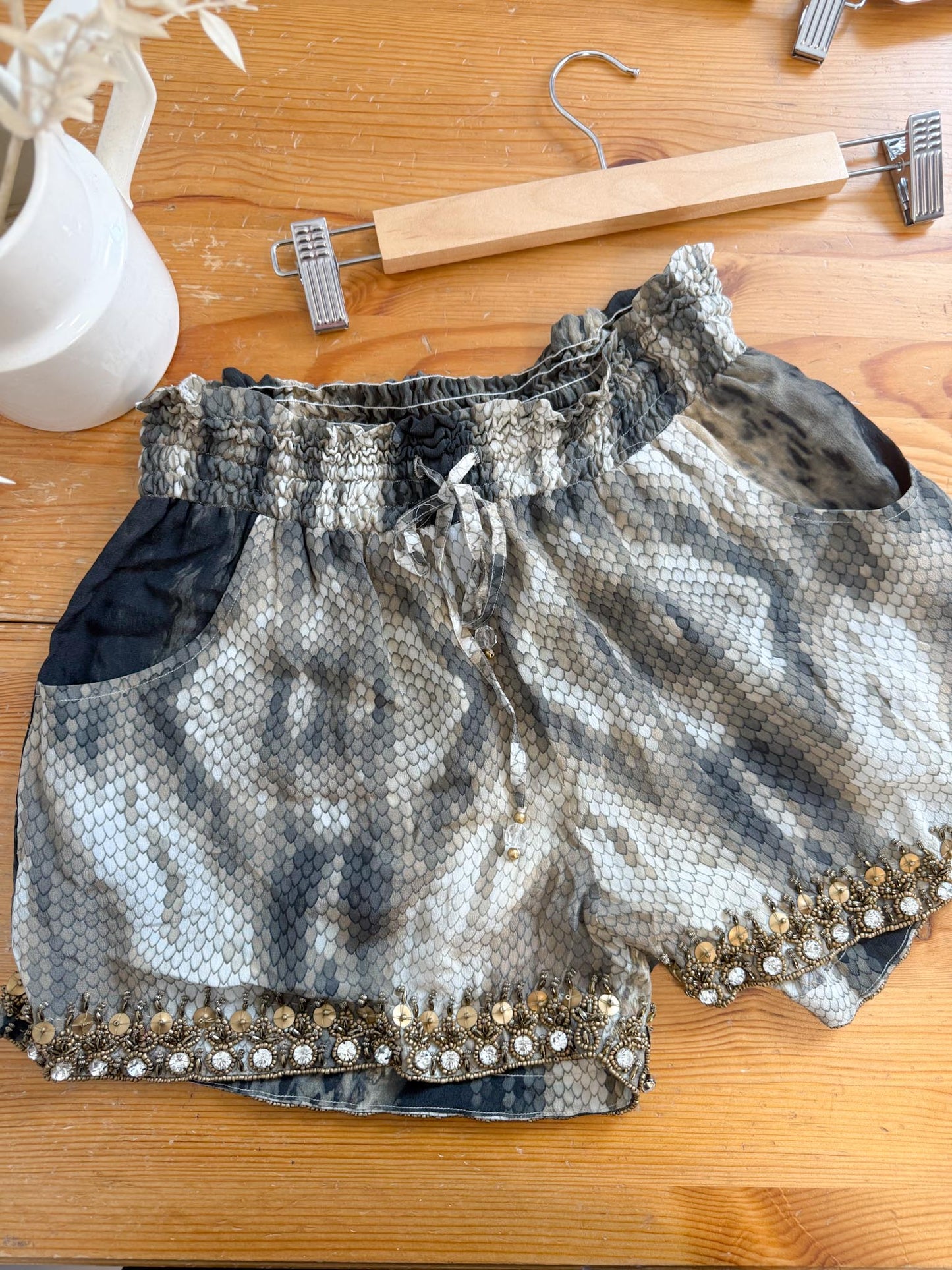 TAJ by Sabrina Sustainable "Snake Print Sequin Shorts" (Size S)