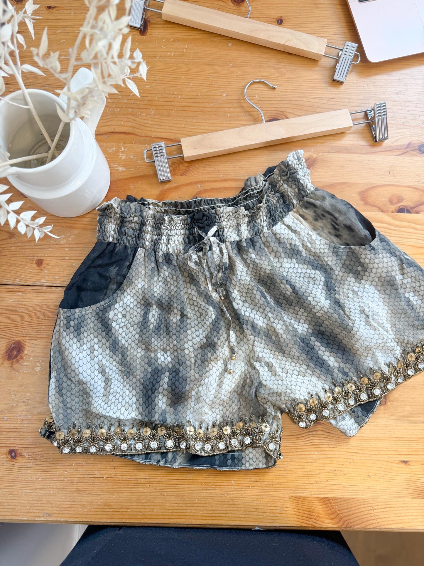 TAJ by Sabrina Sustainable "Snake Print Sequin Shorts" (Size S)