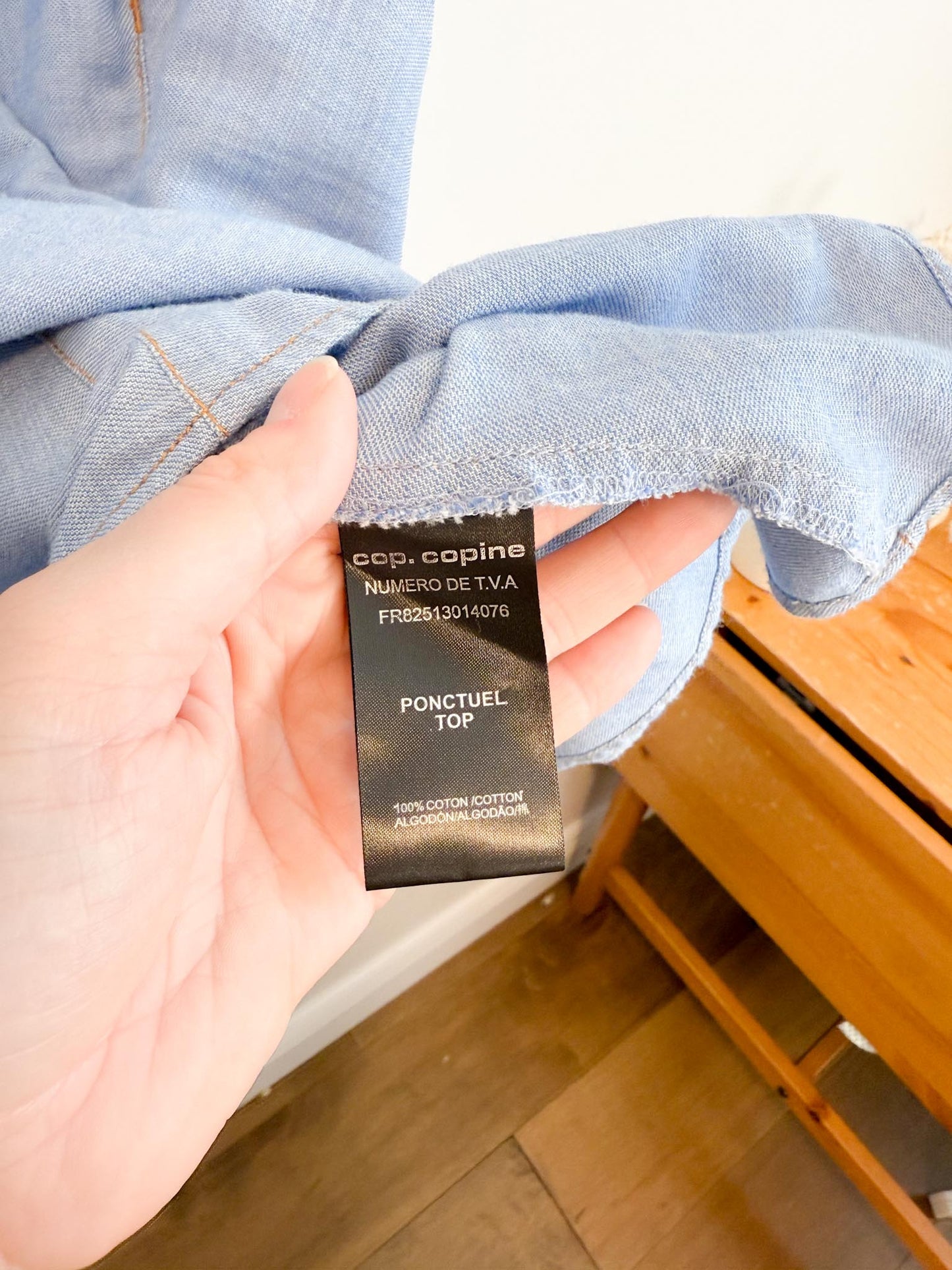 Cop.Copine "Ponctuel Denim Top in Light Wash" (Size L)
