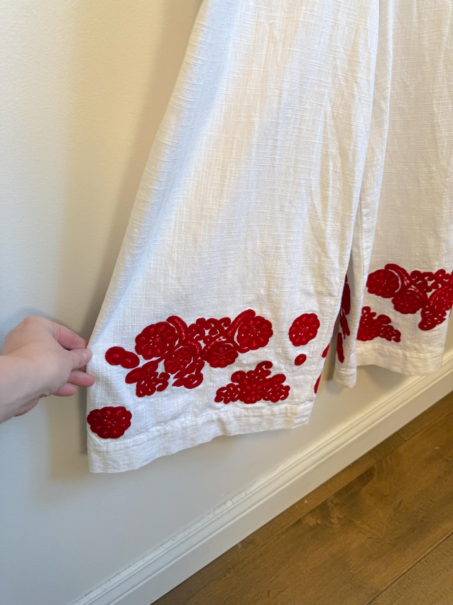 Club Monaco Wide Leg Jumpsuit with Red Floral Embroidery (Size S)