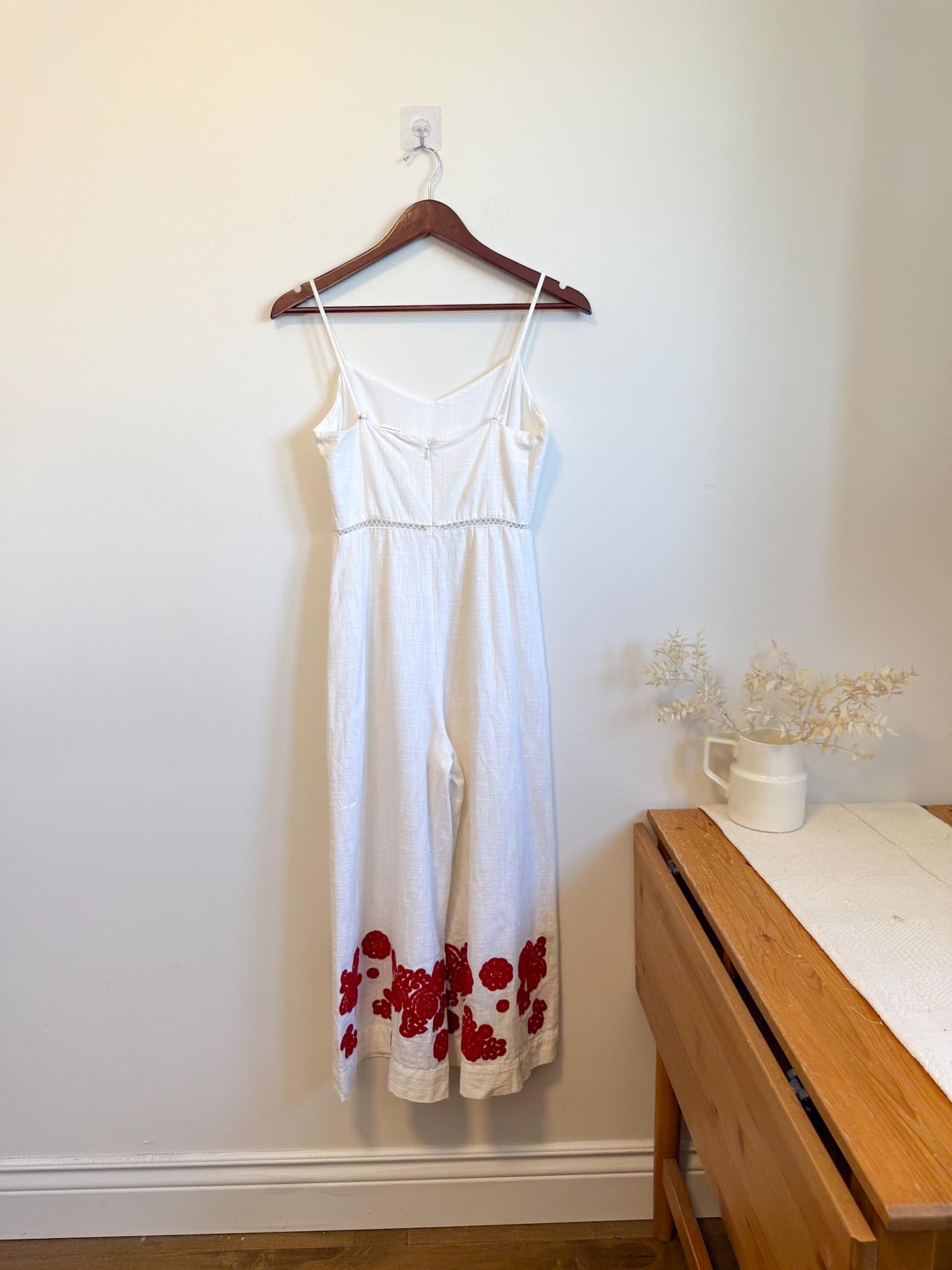 Club Monaco Wide Leg Jumpsuit with Red Floral Embroidery (Size S)