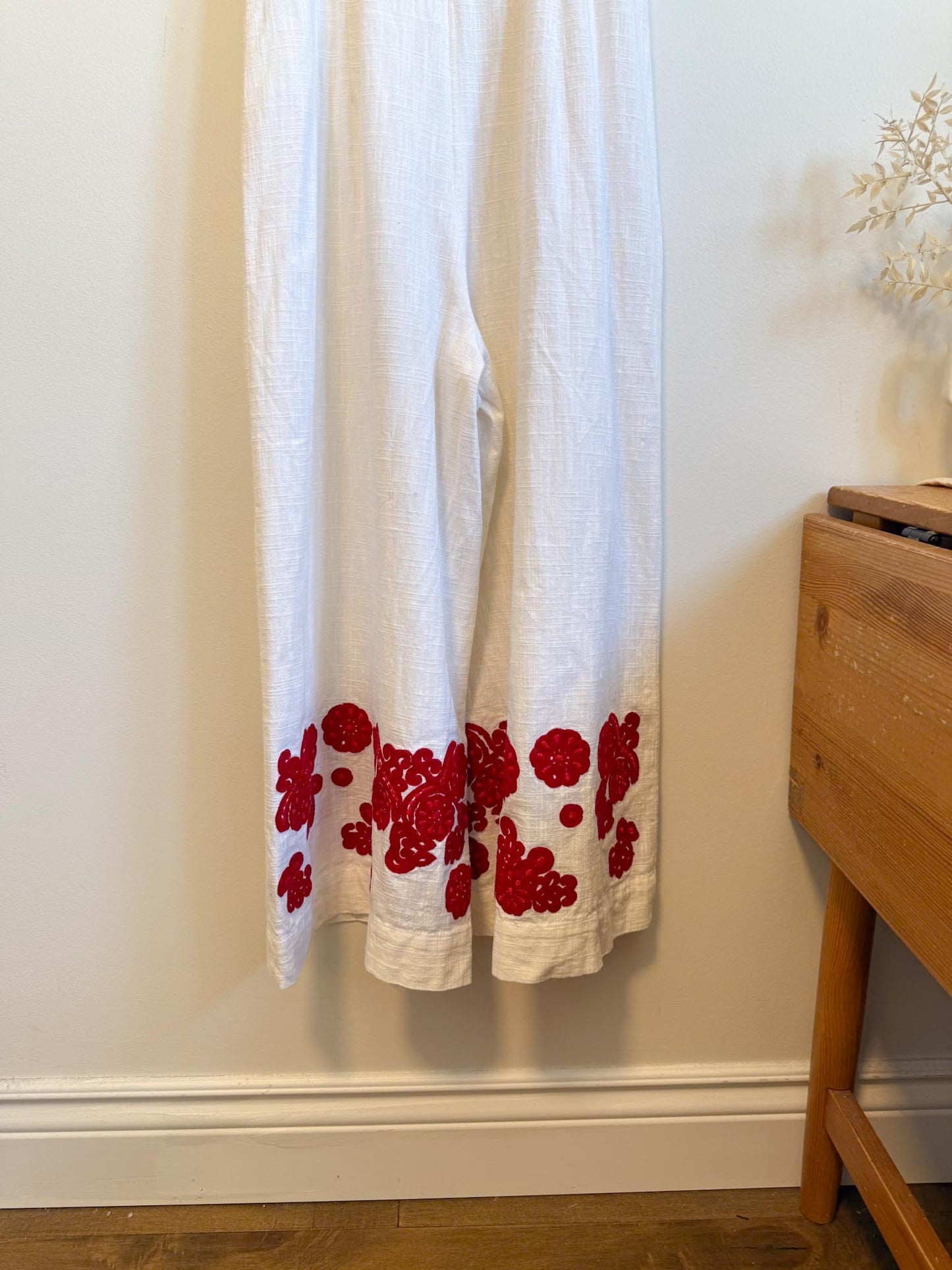 Club Monaco Wide Leg Jumpsuit with Red Floral Embroidery (Size S)