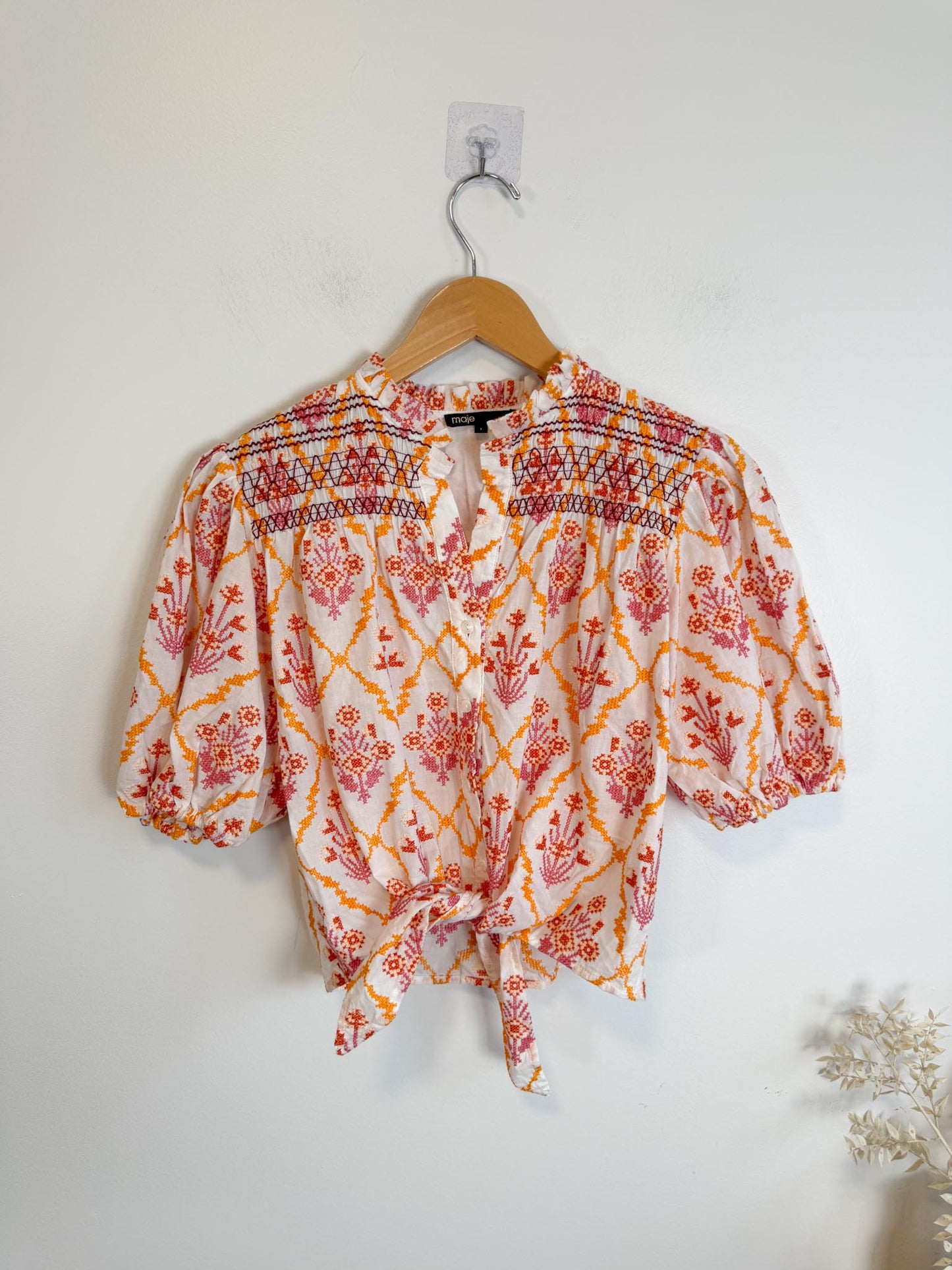 Maje Embroidered Cropped Blouse with Front Tie in White/Pink/Orange (Size M)