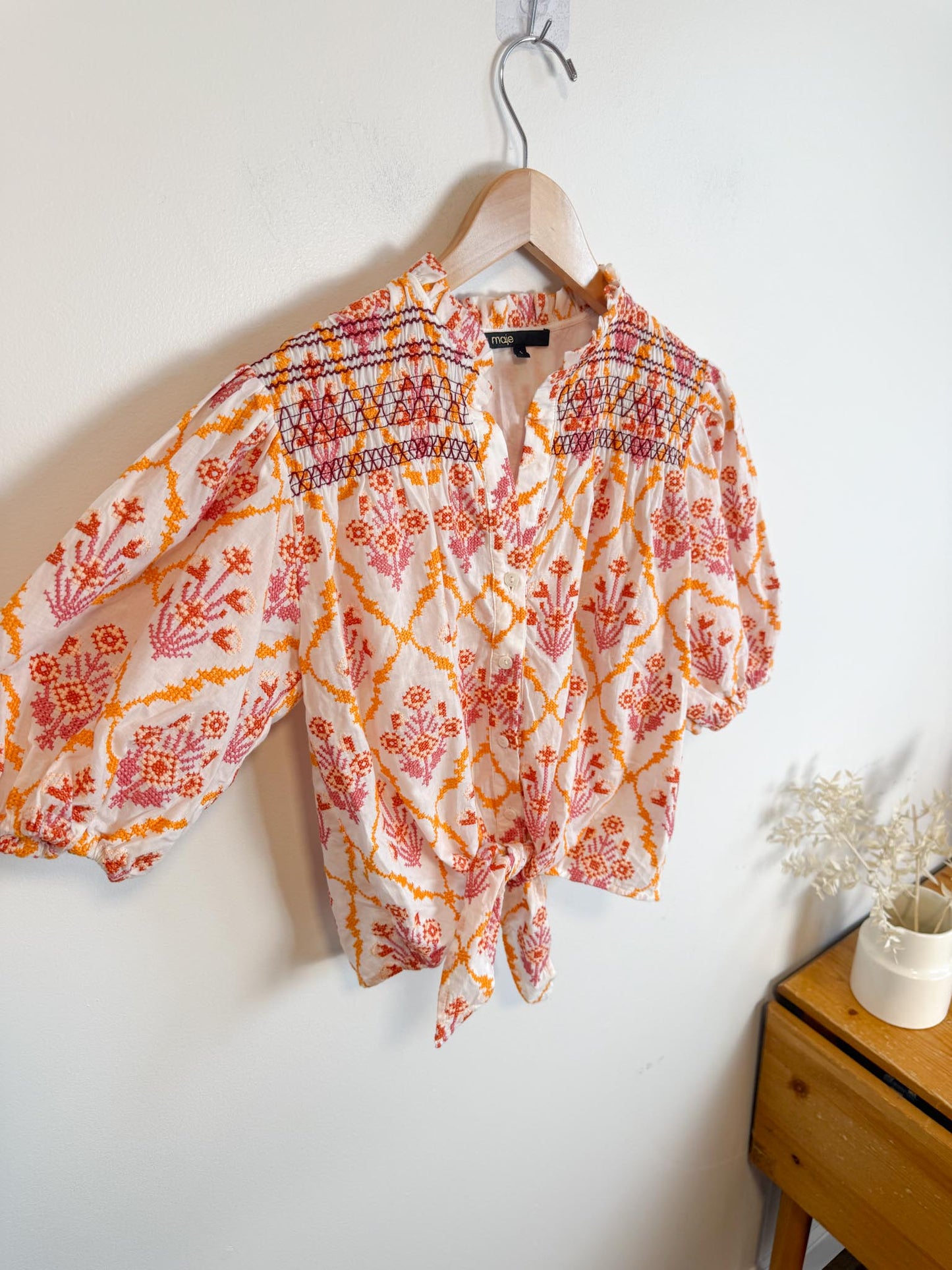 Maje Embroidered Cropped Blouse with Front Tie in White/Pink/Orange (Size M)