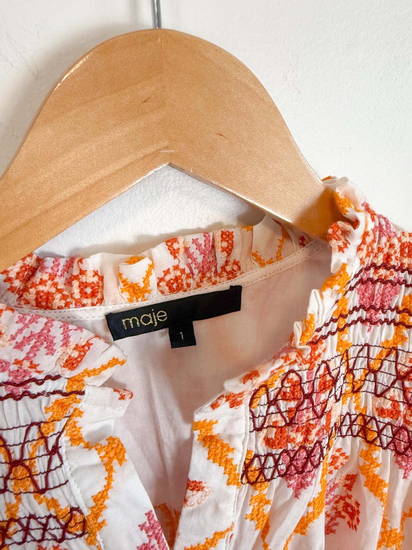 Maje Embroidered Cropped Blouse with Front Tie in White/Pink/Orange (Size M)