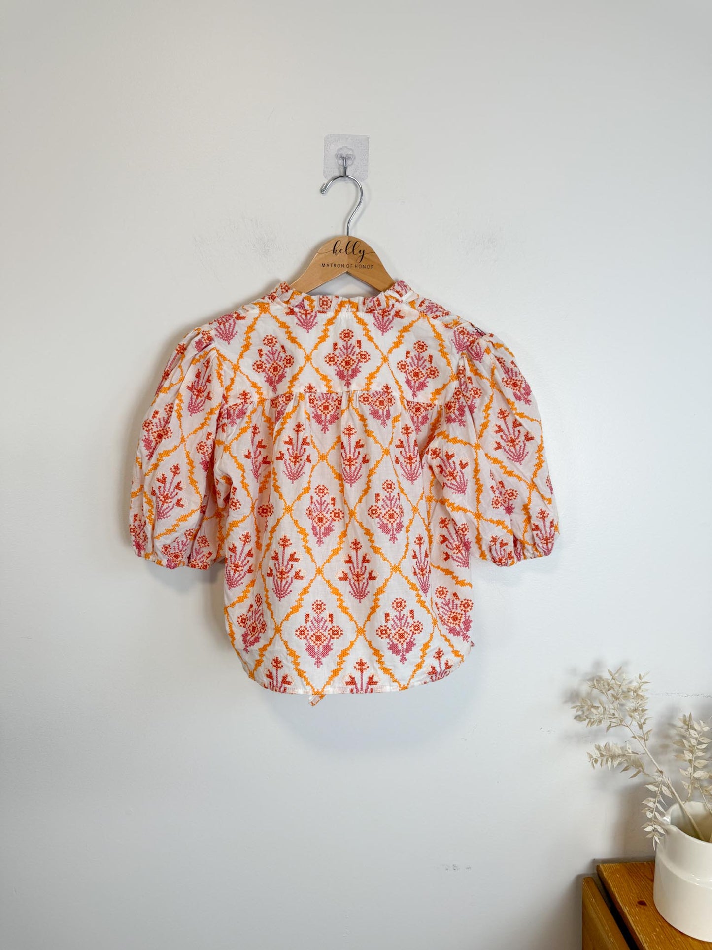 Maje Embroidered Cropped Blouse with Front Tie in White/Pink/Orange (Size M)
