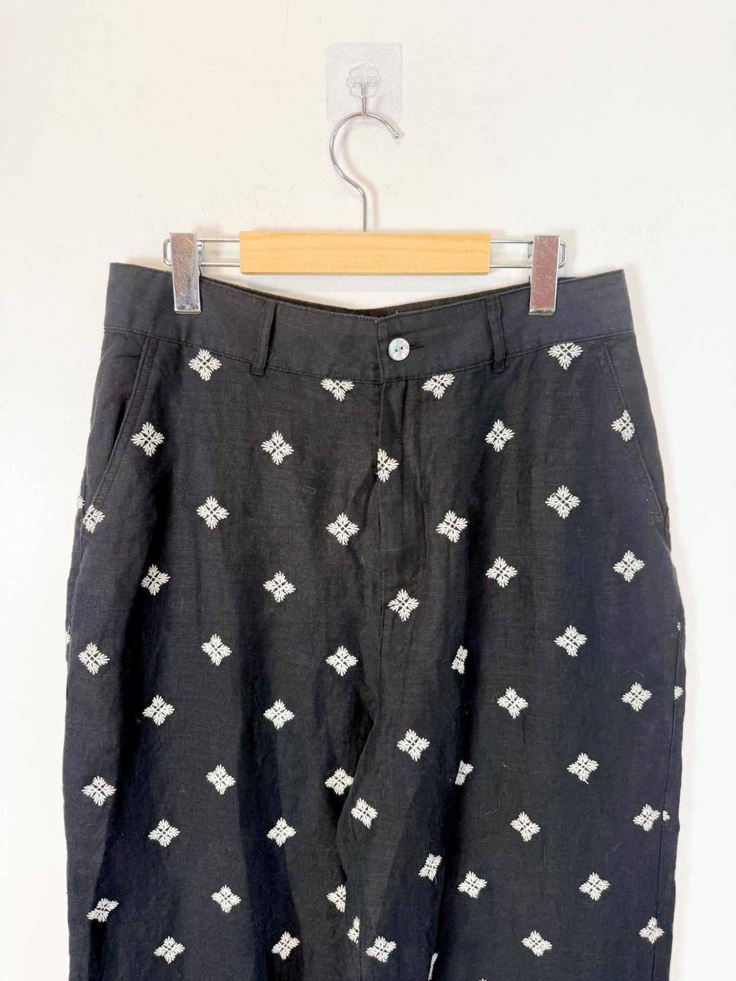 Rachel Zoe Embroidered Wide Leg Linen Pants in Black (Size 12)