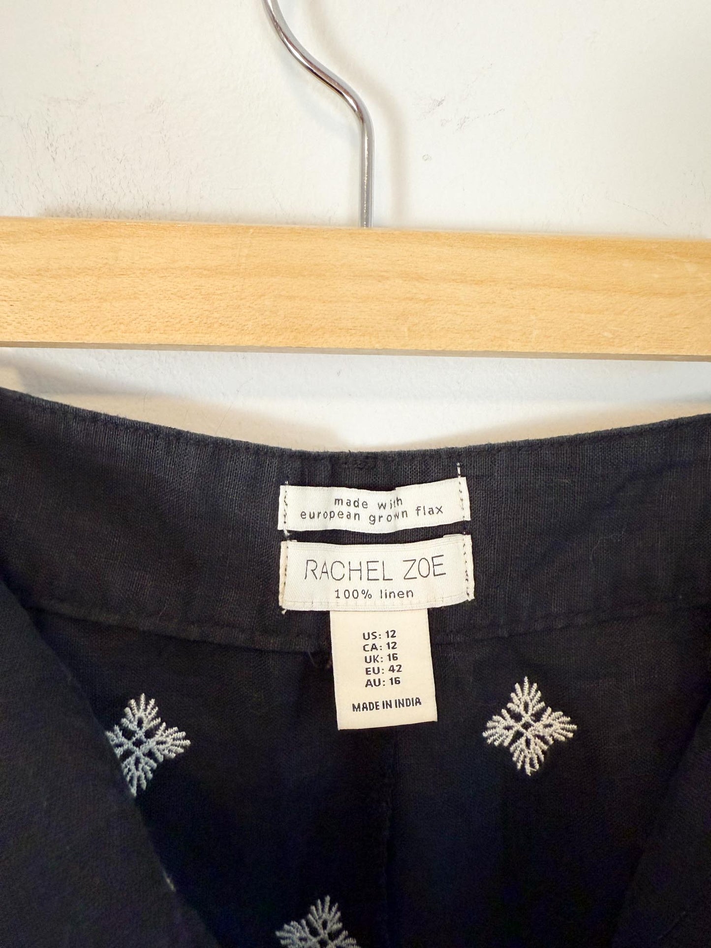 Rachel Zoe Embroidered Wide Leg Linen Pants in Black (Size 12)