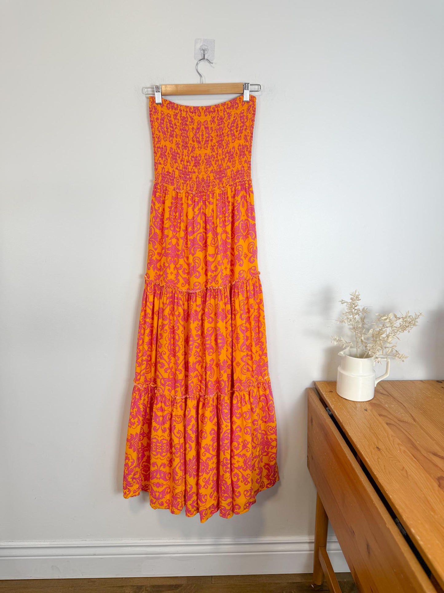 Anthropologie Abel the Label Strapless Smocked Maxi Dress in Pink/Orange Floral (Size M/L)