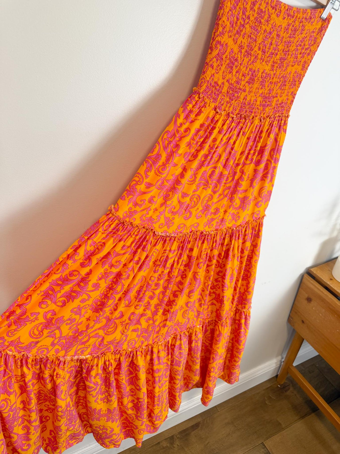 Anthropologie Abel the Label Strapless Smocked Maxi Dress in Pink/Orange Floral (Size M/L)