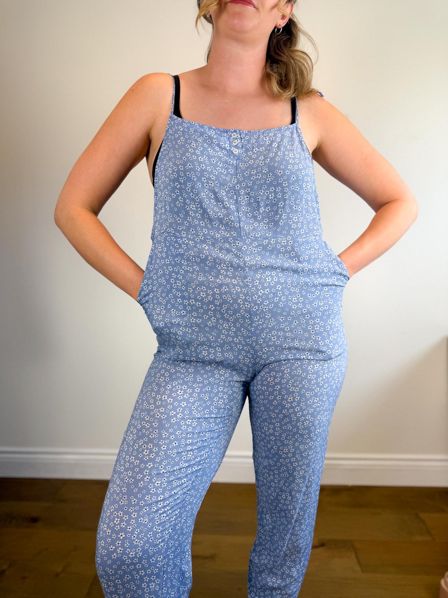 Smash & Tess Blue Floral "Jillyalls" Romper (Size M)