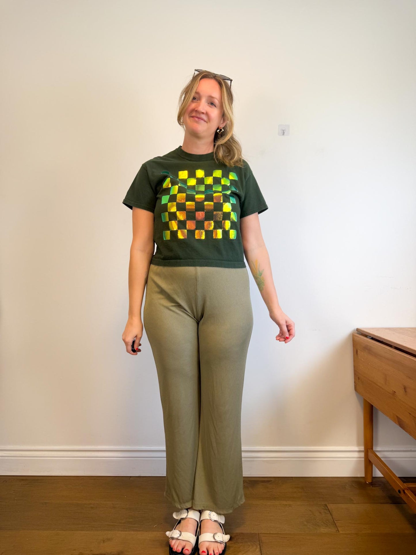 OKAYOK Slow Fashion Checkered Boxy T-Shirt in Green (Size S)