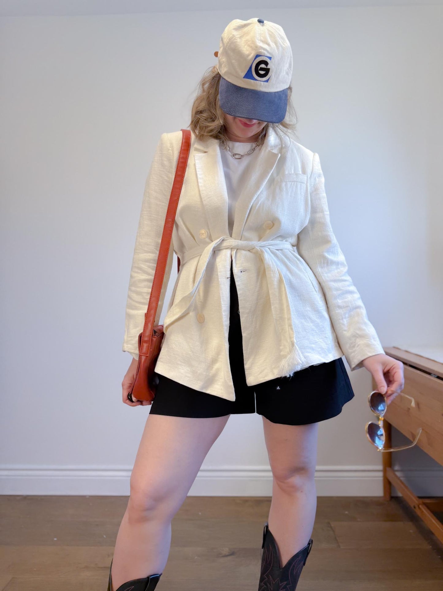 House of Harlow Cream Linen-Blend Blazer with Belt (Size L)