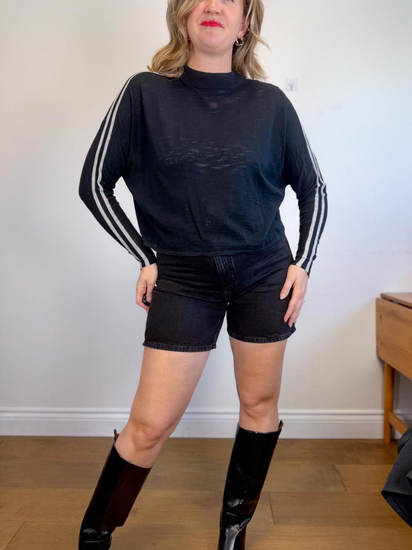 360 Sweater "Essie Sweater in Black with Arm Stripe" (Size XS-M